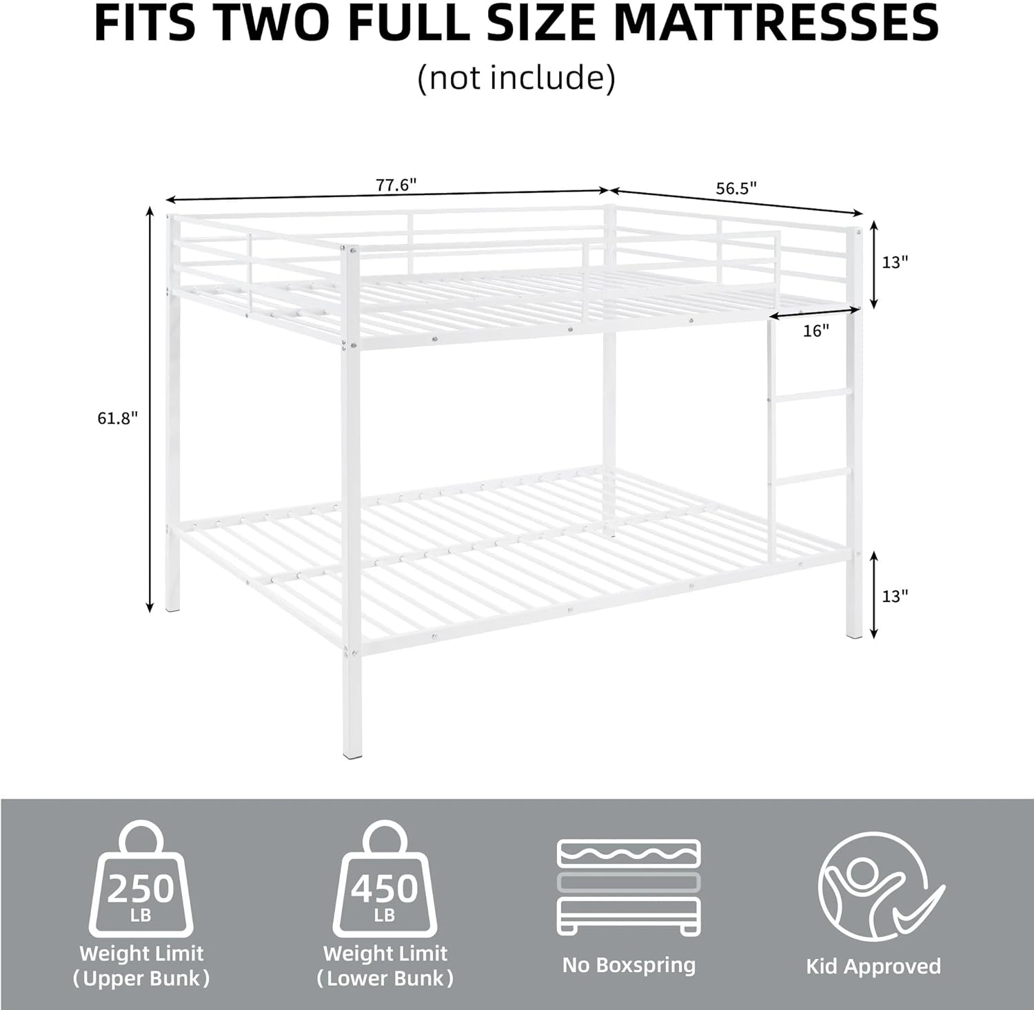 Metal Bunk Bed Full Over Full, Bunk Bed Frame with Built-in Ladder and High Guardrail, Space-Saving Twin Size Bed Frame, No Box Spring Required (White, Full)
