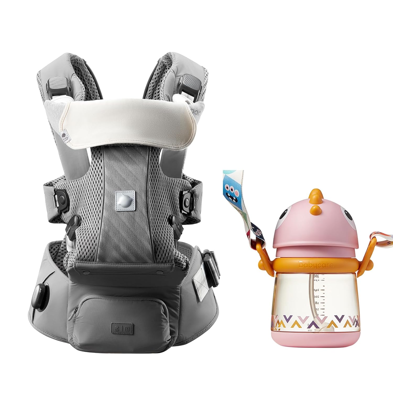 Bc Babycare Baby Carrier with Hip Seat Gray and No Spill Baby CarrierCups Pink