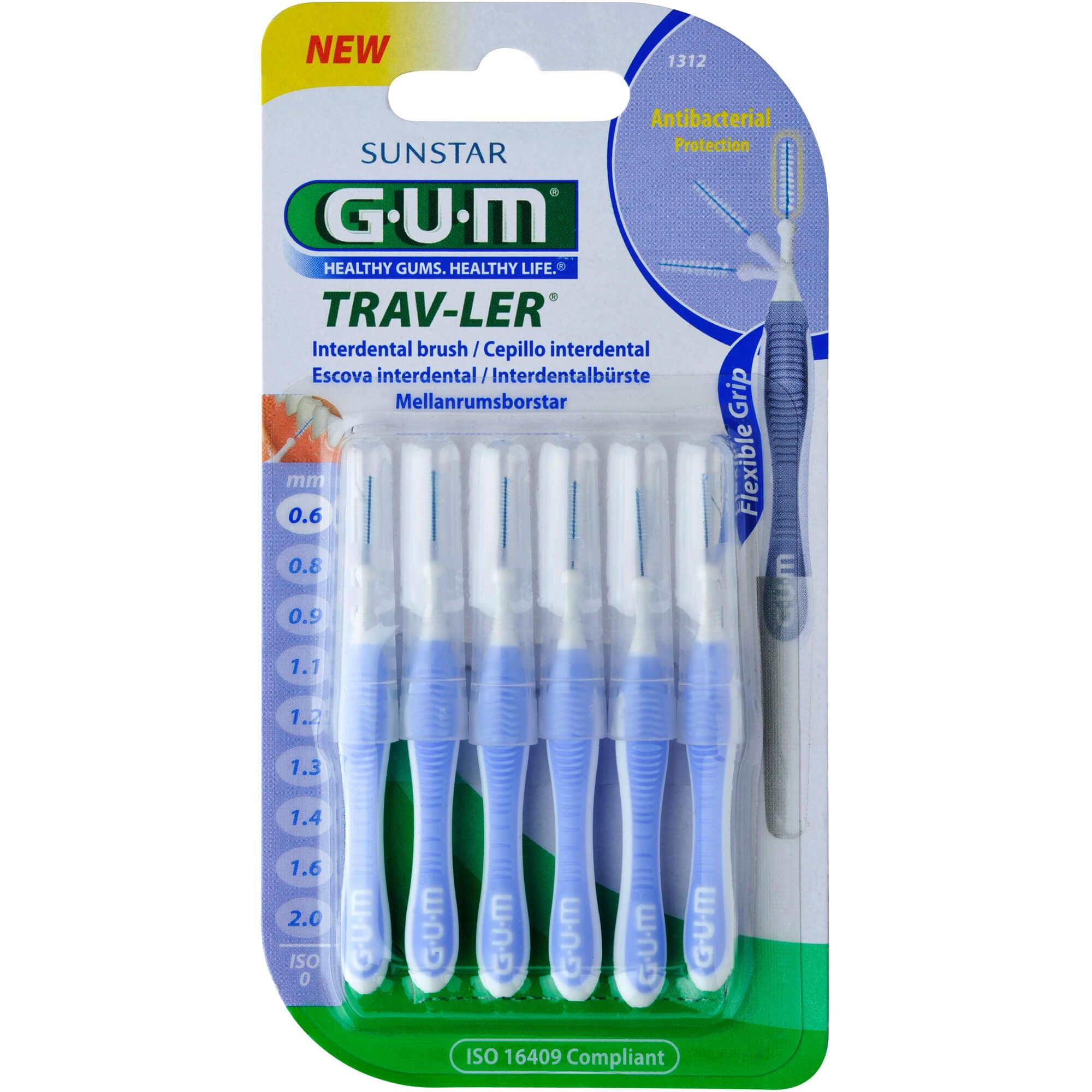 Gum Trav-Ler Plaque Removal - Interdental Brush Blue Ergonomic Comfort Flexible Handle Removes upto 25% more Wire is Coated Anti Bacterial Protection Bristles Use Gently 6 pcs
