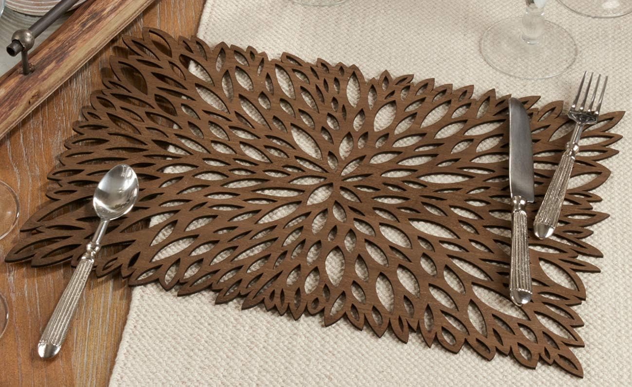 Fennco Styles Unique Engineered Wood Laser Cut Placemats 12"x18" Rectangular, Set of 4 – Brown Modern Traycloth Table Mats for Home, Dining Room Décor, Banquets, Indoor Outdoor and Special Events