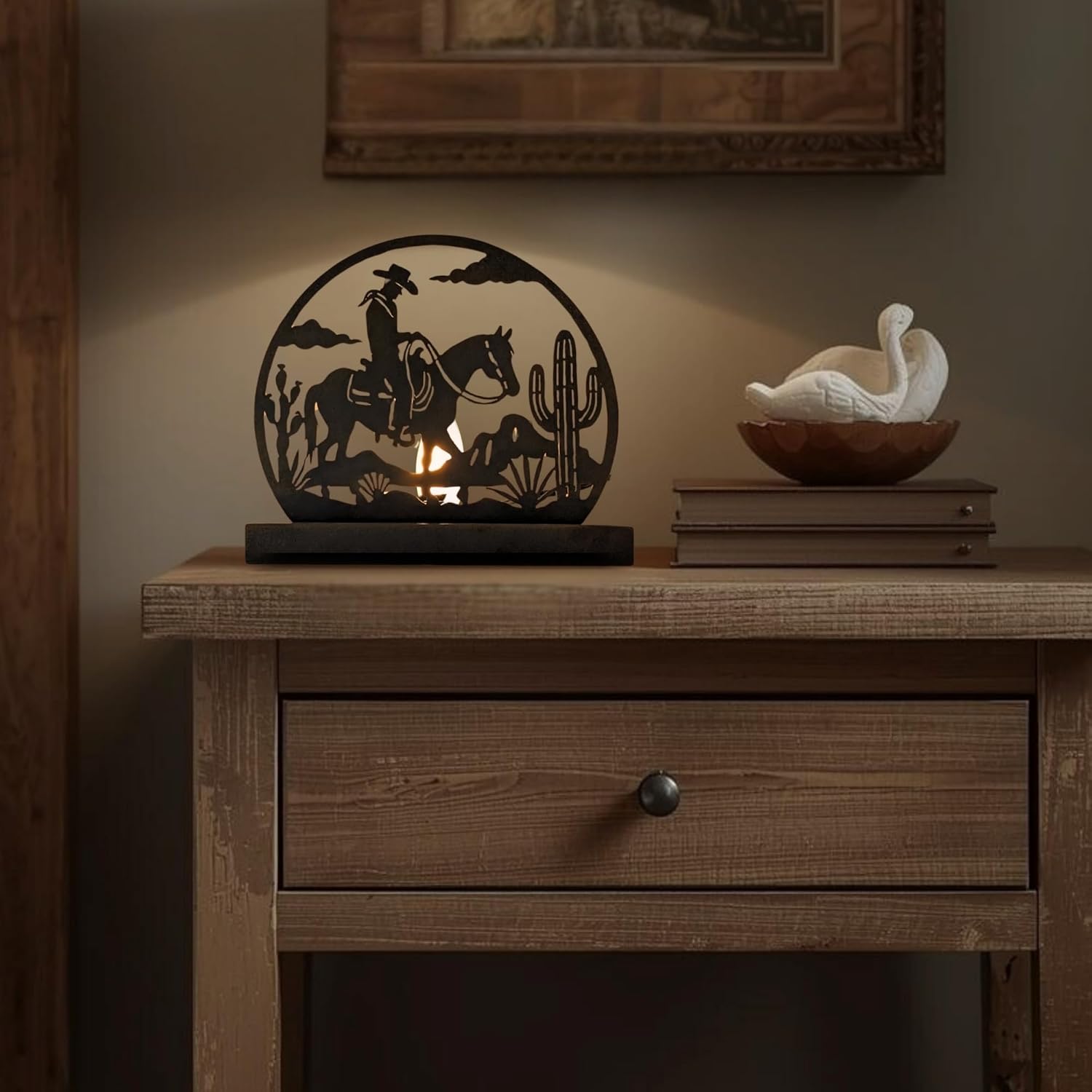 Western Cowboy Riding Horse Metal Night Light with Cactus Desert Silhouette Cutout–Rustic Tabletop Lamp, Southwestern Farmhouse Ranch Décor Accent, Great Gift for Cowboy Lovers & Country Homes