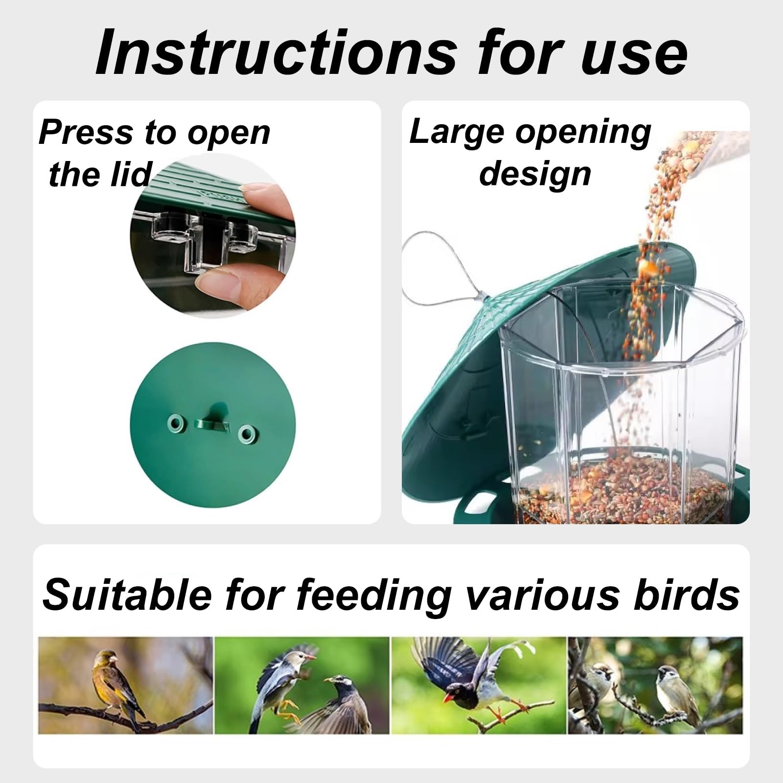Mangiatoia per Uccelli da Esterno, Abbeveratoio per Uccelli, con Coperchio Superiore, Design Trasparente, Facile da Usare, per Giardino e Cortile(Green)