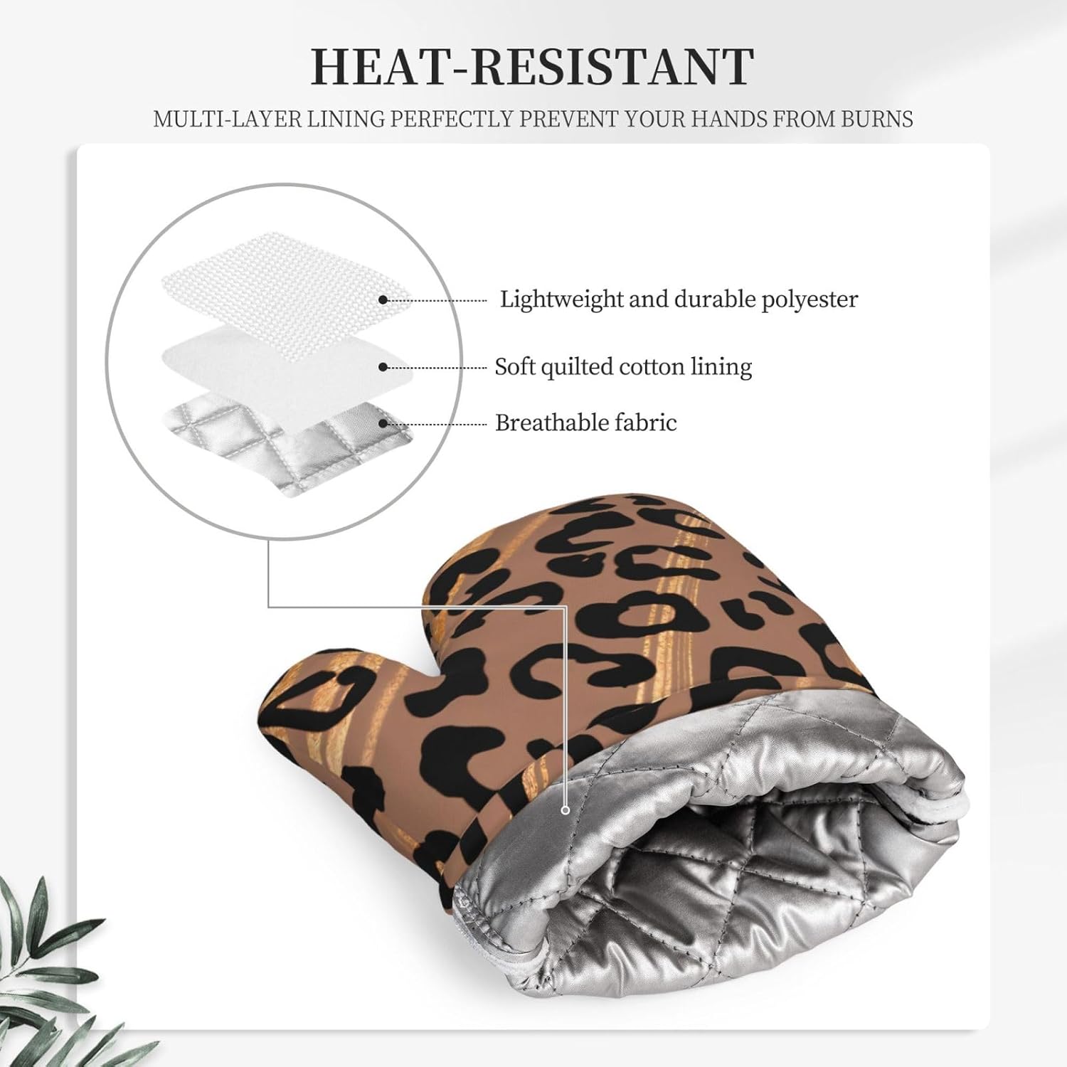 Silicone Oven Mitts and Pot Holders Sets, Home Golden Leopard Print Heat Resistant BBQ Gloves for Kitchen Baking Cooking Grilling Microwave