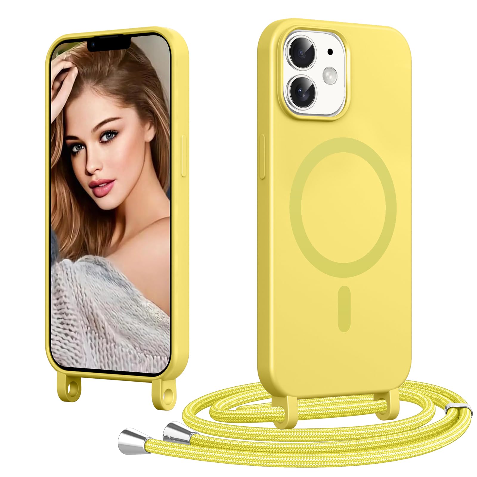 Coiwxmoi Magnetica Cover per iPhone 12 con Cordino Regolabile, [Compatibile con MagSafe] Custodia con Collana Tracolla Laccio Collo Liquido TPU Silicone Lanyard Antiurto Case, Giallo