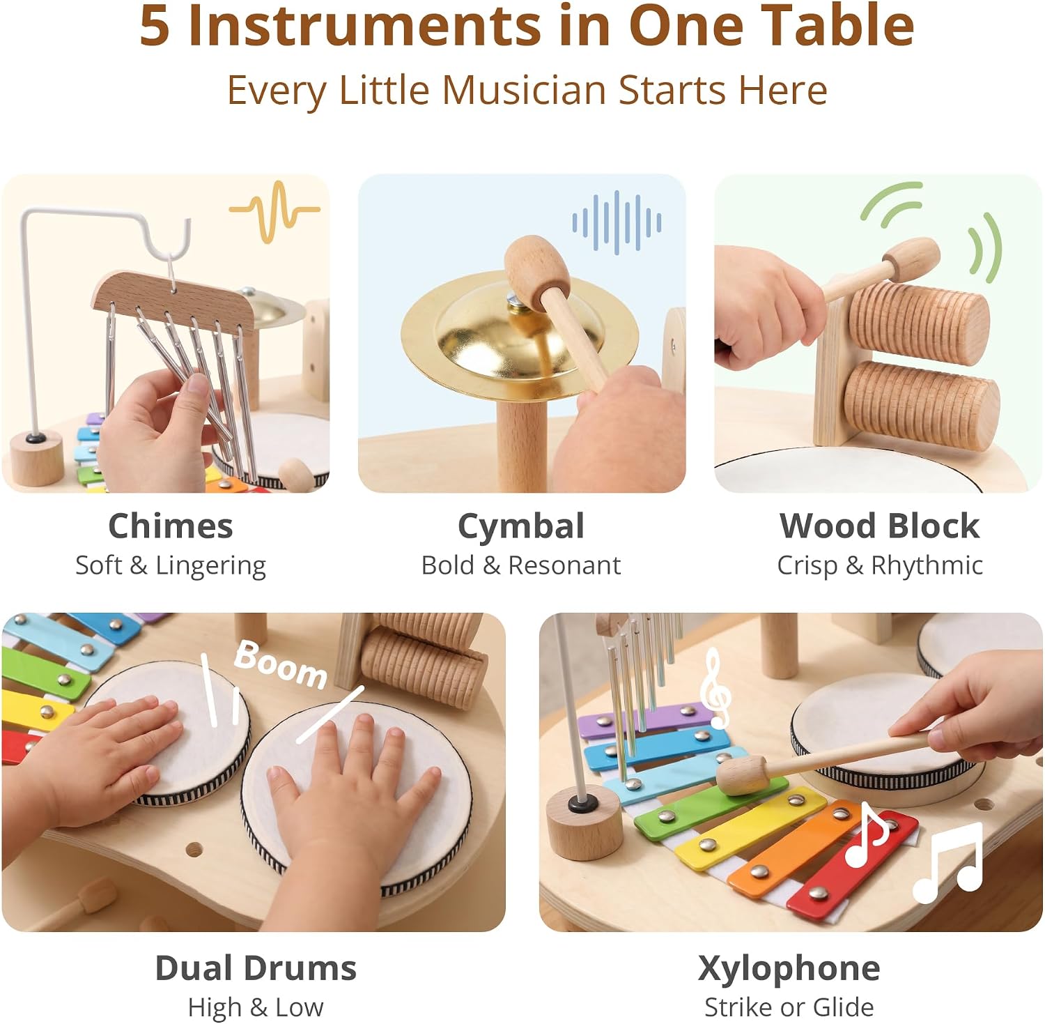 Wooden Drum Set for Toddlers 1-3, Musical Percussion Instruments for Kids Baby Drum Set Xylophone, Montessori Educational Musical Toys for Girls Boys Ages 3+