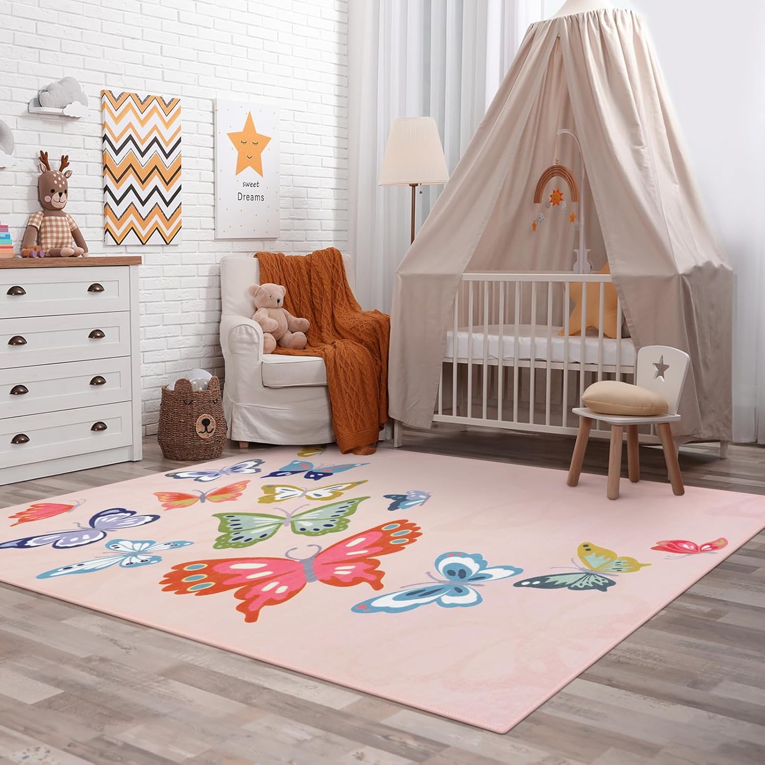 STARUIA Girls Rugs for Bedroom, 5x7 Washable Pink Kids Rugs for Playroom Nursery, Non Slip Soft Butterfly Area Rug, Baby Carpet for Kids Room Daycare Tent Dorm Castle Indoor Decor