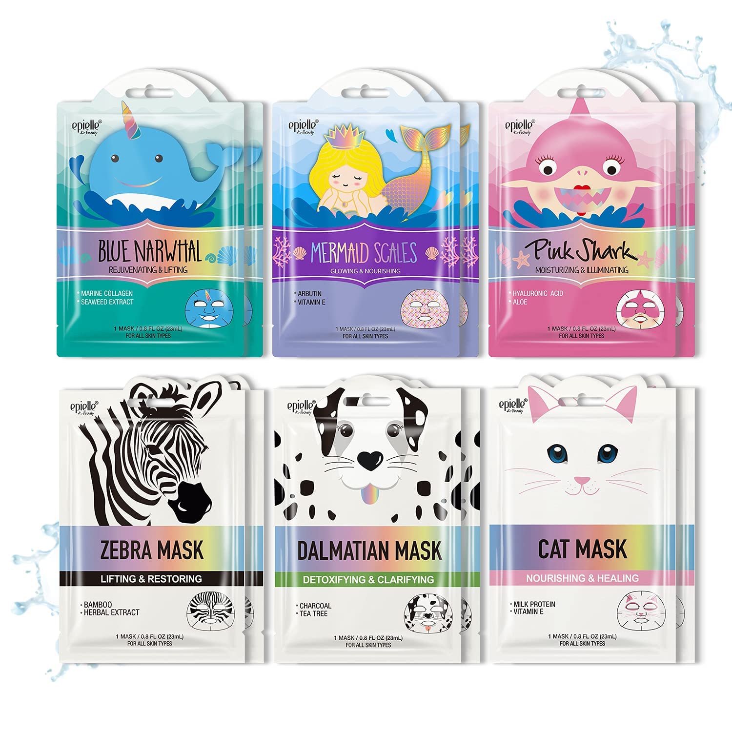 Epielle Character Sheet Masks | Dalmatian, Zebra, Cat, Shark, Narwhal, Mermaid Scale | Animal Spa Mask Korean Beauty Mask -For All Skin Types, (Pack of 12) | Birthday Party Gift for her kids, Spa Day Party, Girls Night, Spa Night, Beauty Gift