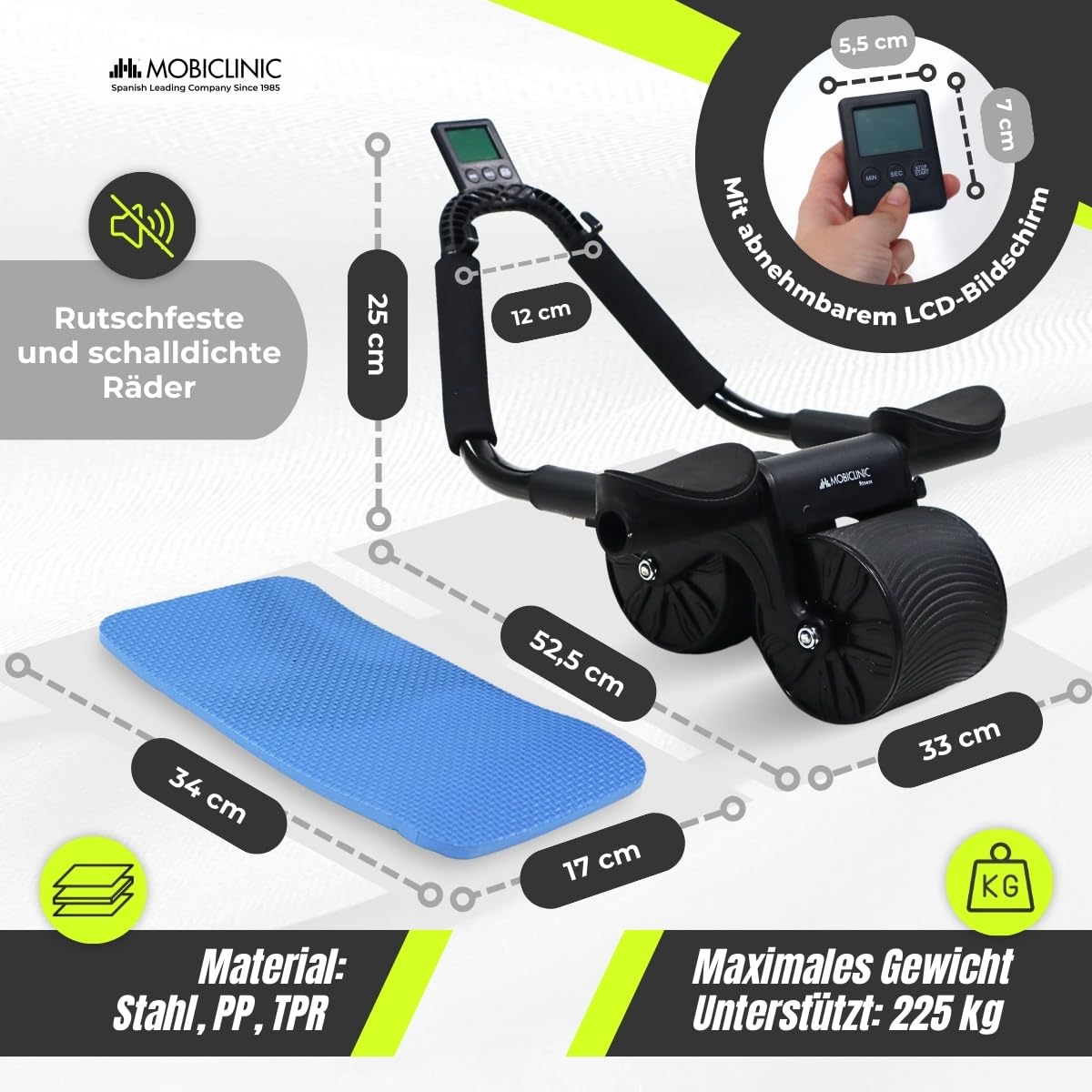 Mobiclinic®, Bauchroller mit rückholfeder, Ab roller, Ellbogenstütze, Digitaler timer, Antirutschmatte, Doppelrad, Handyhalter, Ra-02, Home gym, Fitness