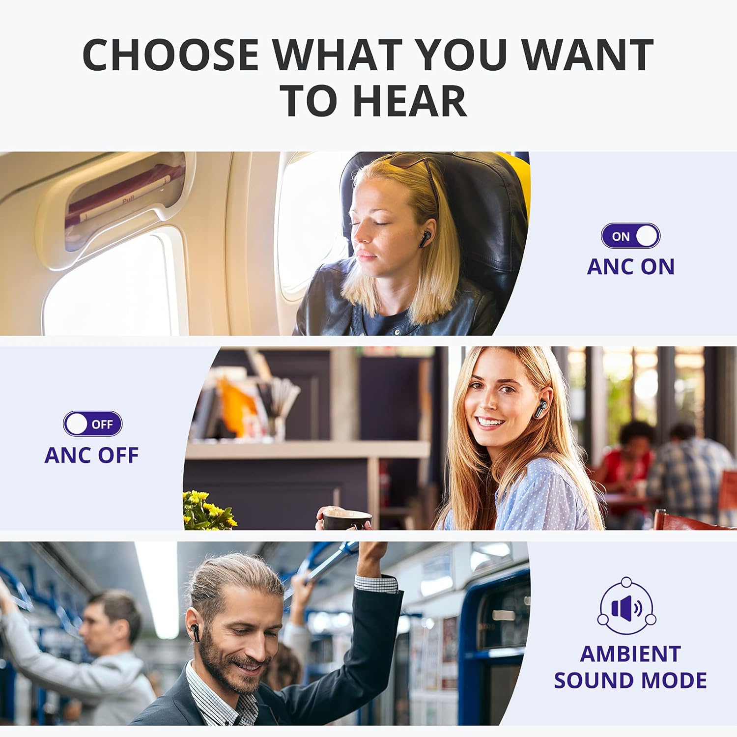 Three modes: ANC On, ANC Off, Ambient Sound Mode