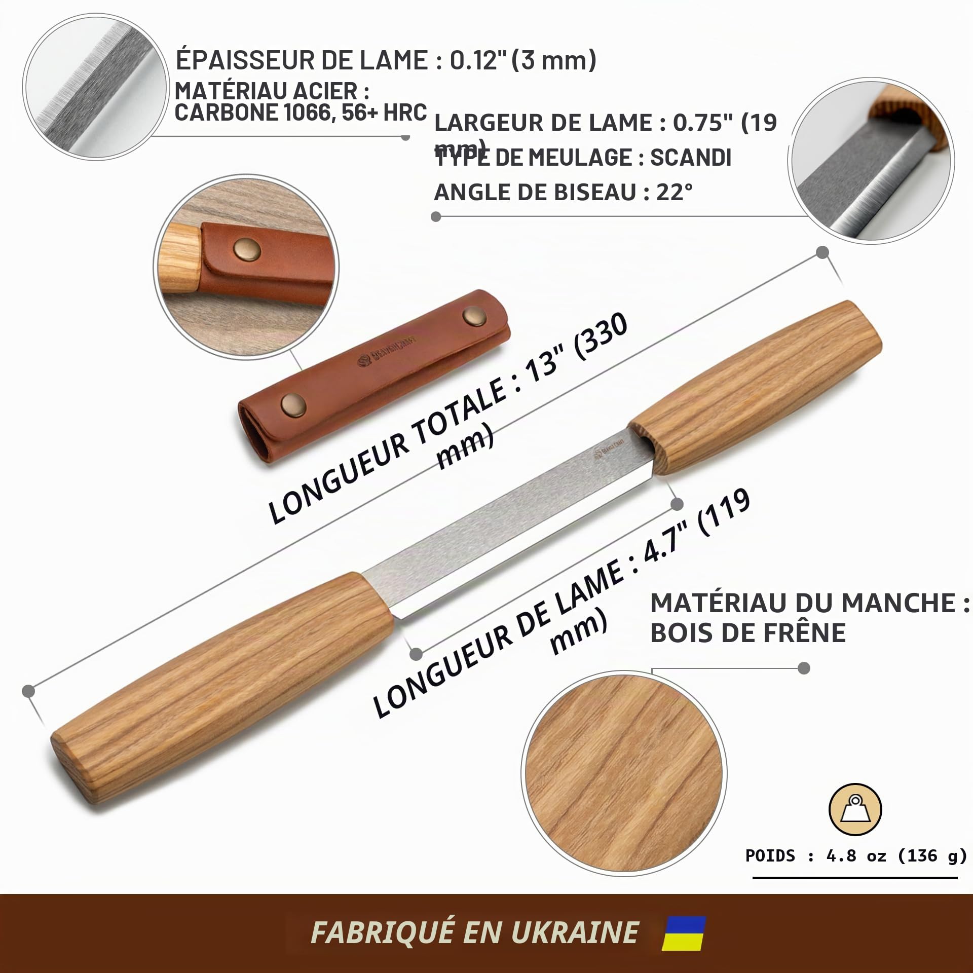 BeaverCraft Couteau à Dégrossir 11 cm Drawknife Sculpture Bois avec Étui en Cuir DK2s, Couteau de Taille pour Façonnage, Sculpture Cuillère, Détail et Travail du Bois, Outils de Whittling