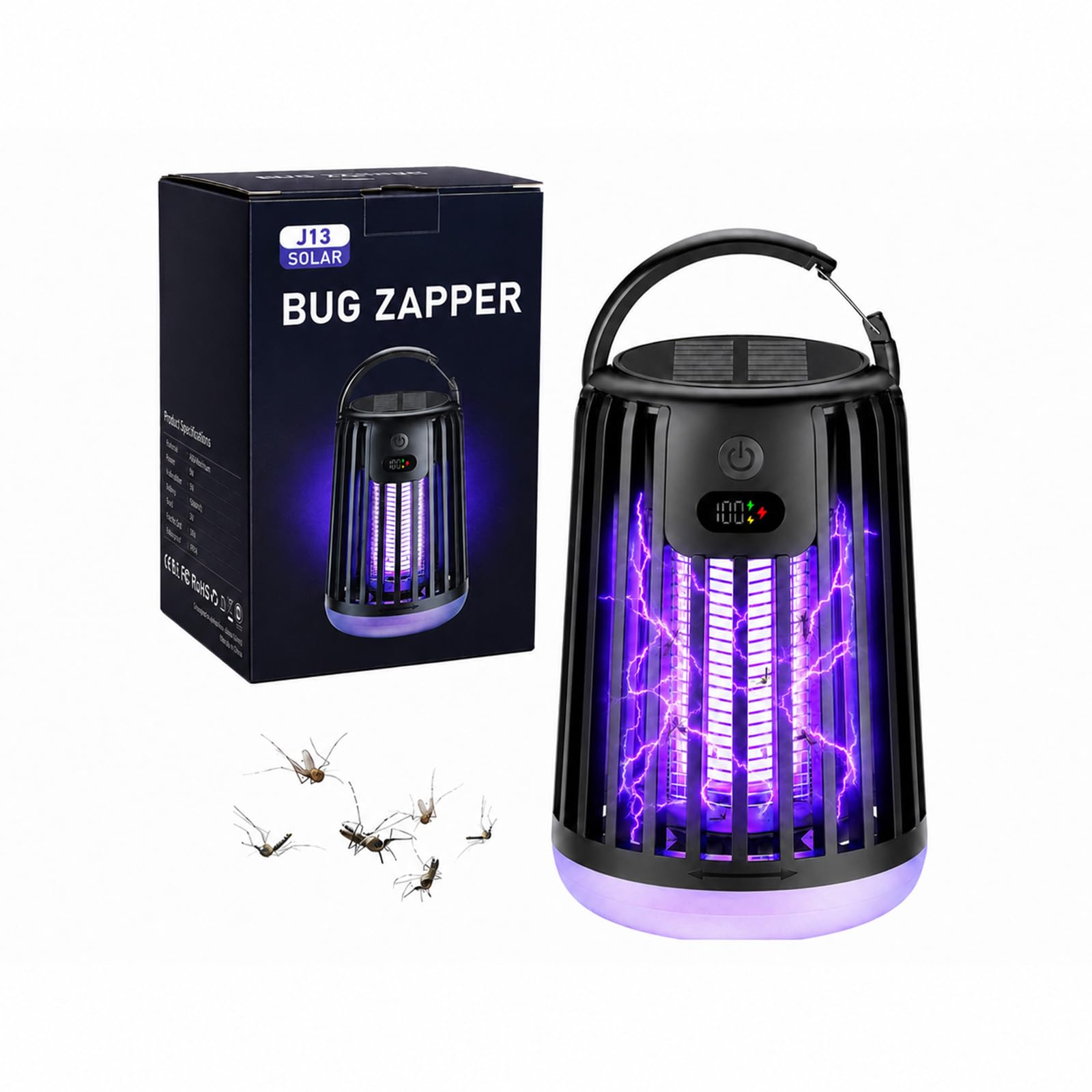 KASURE Solar Bug Zapper 3-in-1, Rechargeable Electric Fly Killer with 360° UV Light & Hanging Hook, IPX4 Waterproof Mosquito Killer Lamp for Indoor Outdoor, Garden, Patio, Camping