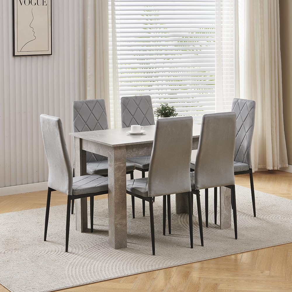 Menaka Wood Dining Table and Chairs Set of 4, Small Rectangular Kitchen Dinner Table with 4 Seaters (argyle grid grey velvet chairs, 120m high gloss grey marble table, 6 seaters)