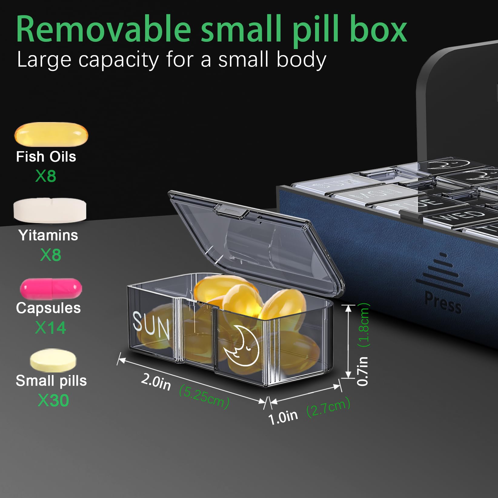Pillen-Organizer wöchentlich, 7 Tage Luxuxy Leder-Pillenbox 2 mal am Tag, am Abend tägliche Reise Medizinkoffer Behälter und versteckte Vitamin-/Fischöl (rot und blau)