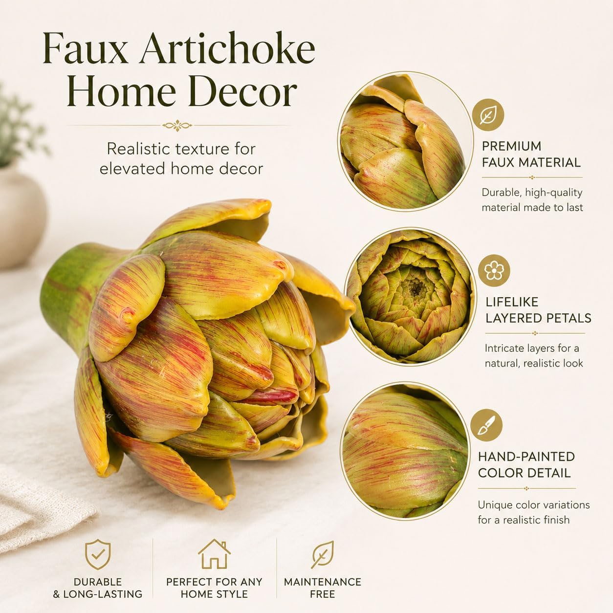 Artificial Artichoke Decor Set of 4, Realistic Faux Yellow Green Artichokes for Kitchen Counter, Coffee Table & Dining Table, Farmhouse Rustic Home Decor Bowl Fillers