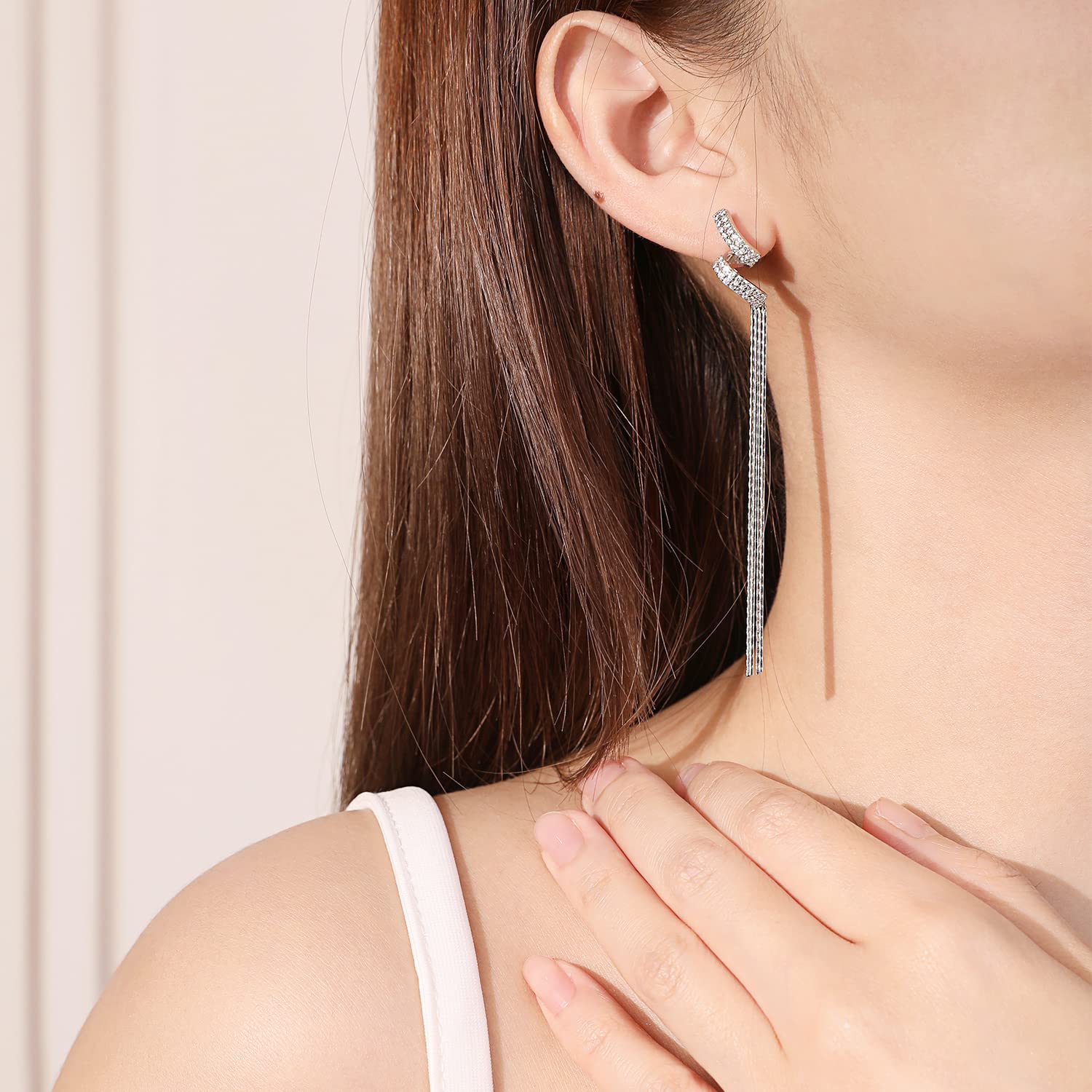Meissa Orecchini pendenti Orecchini con pietra argento 925 Orecchini da ballo per la donna Matrimonio Dichiarazione Orecchini lunghi Diamante, Oro rosa