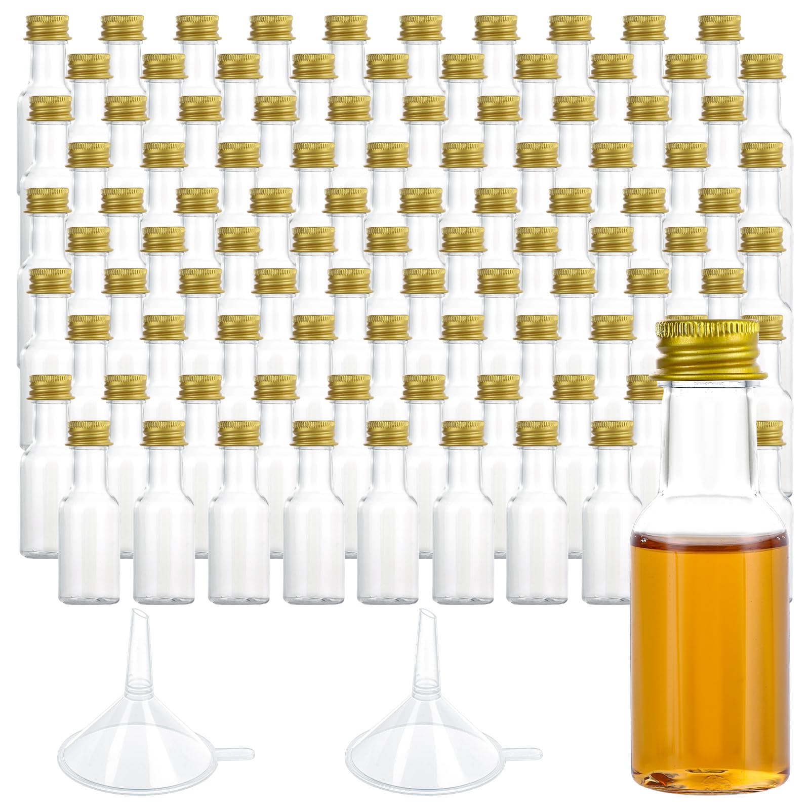 LOLYSIC 100 Pcs 25ml Miniature Alcohol Bottles with Gold Screw Caps, Clear PET Mini Plastic Bottles with Lids and 2 Funnels, Empty Shot Bottle for Wedding Favours, Party Samples, Spirits and Juice