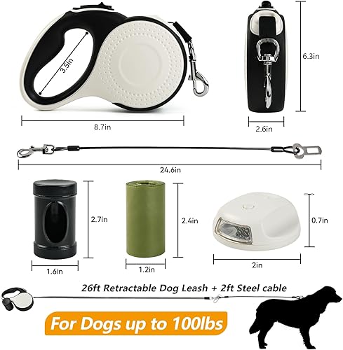 Miniatura 2 de Correa retráctil resistente para perros grandes, correa de perro de 26 pies con soporte para bolsa de excrementos, hasta 100 libras, cable a prueba