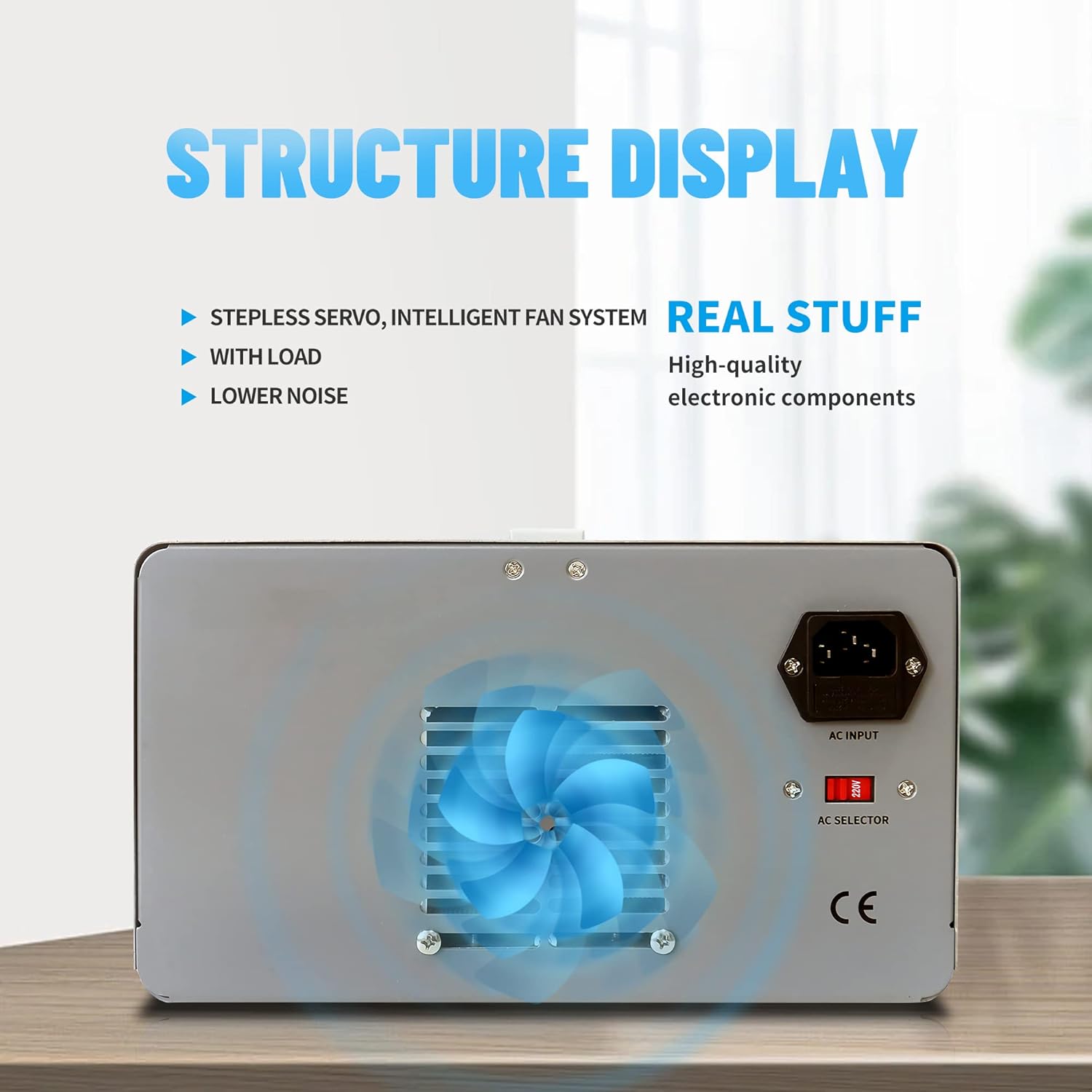 ຫລັງ view of the power supply showing the fan and AC input