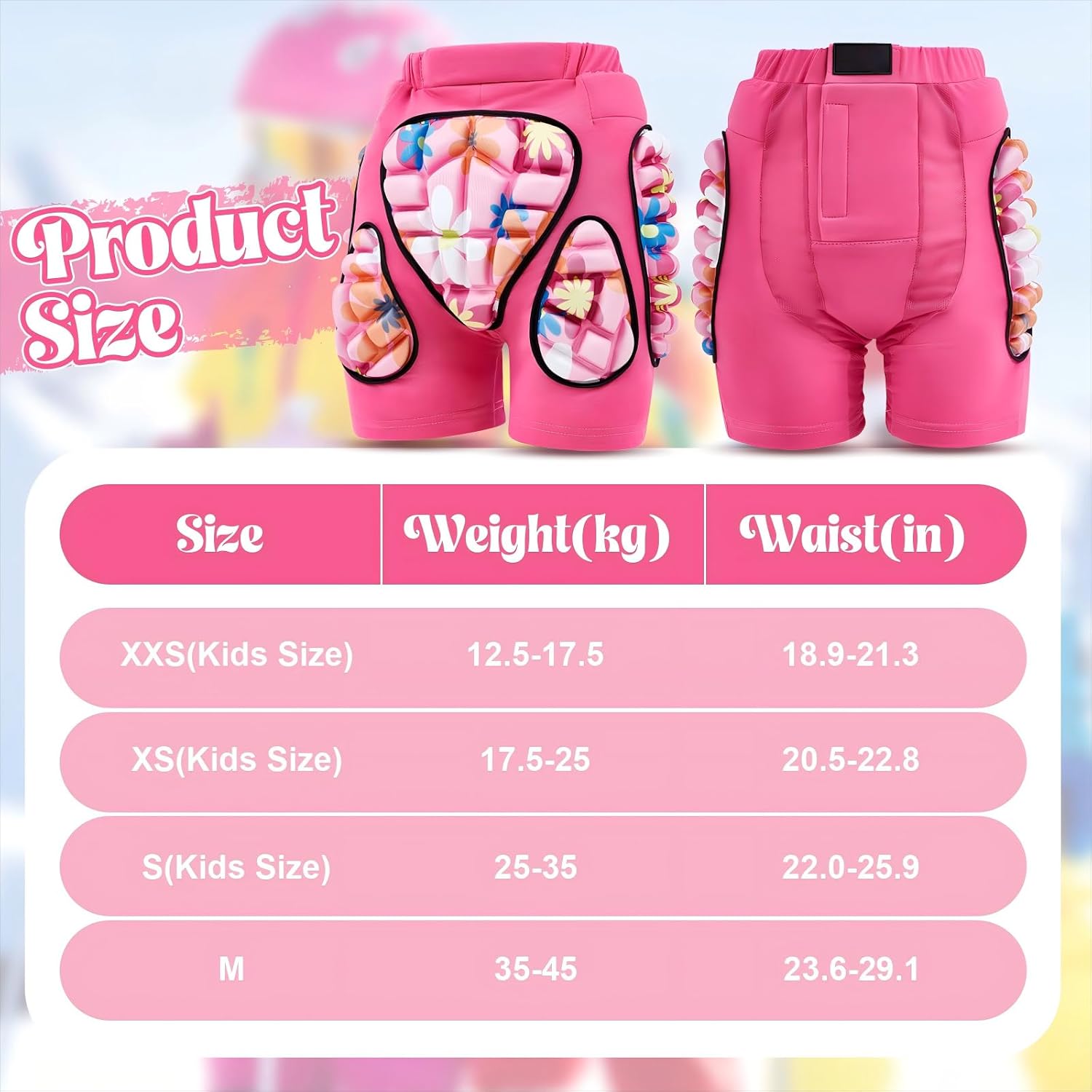 Lewtemi 3 Set Protective 3D Padded Hip EVA Short Pants Knee Pads Elbow Set Winter Protection Hip Pads Thick Non Slip Knee Sleeve Elbow Guard for Men Women Kid Ski Ice Skating Small Floral Pink