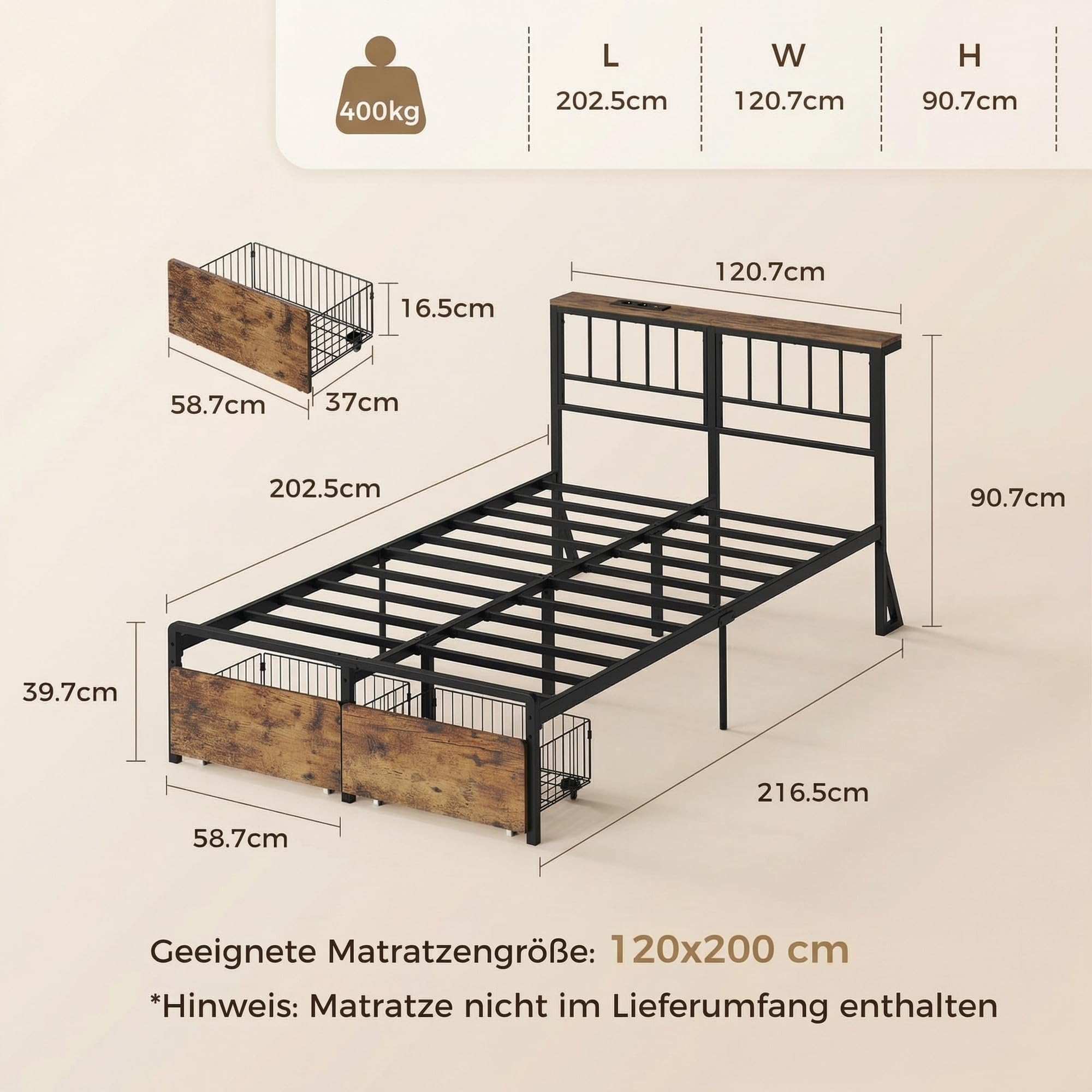 IRONCK Letto 120 x 200 cm con Illuminazione a LED, Struttura Letto 120x200 cm con 2 Cassetti, Letto Singolo con 2 Prese AC 1 Porta USB 1 Porta Type-C, con Rete a Doghe in Meta