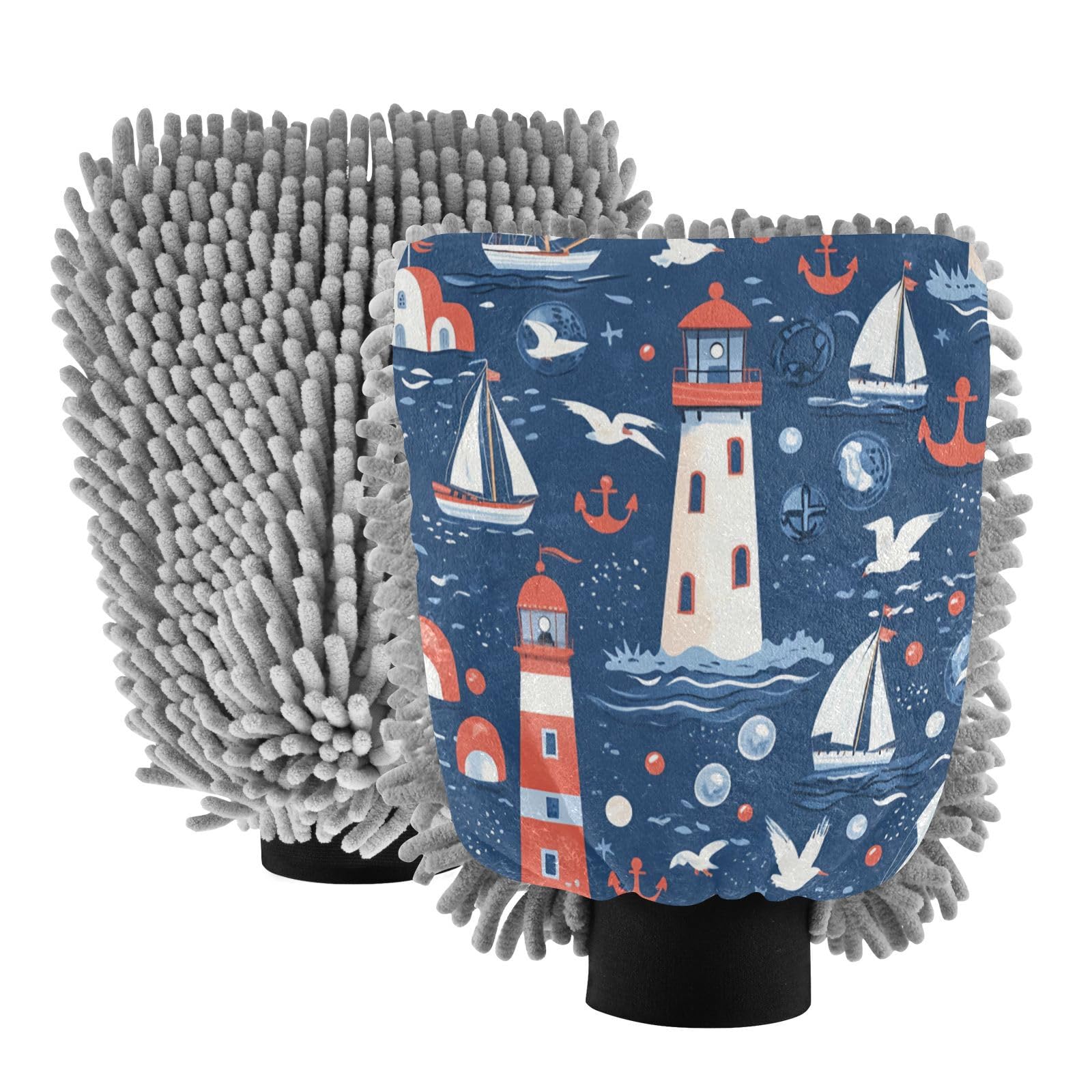 STAYTOP Seagull Lighthouse Car Wash Mitt Microfiber, 2Pcs Scratch Free Lint-Free, Premium Chenille Microfiber Mitt Car Wash Brush-L