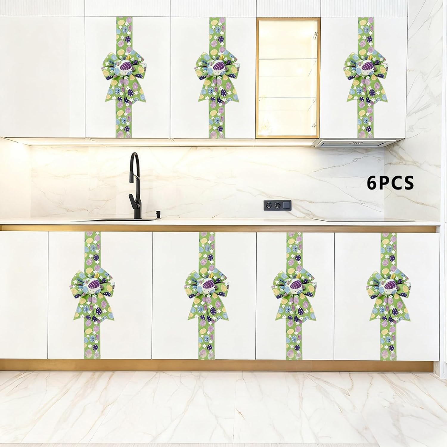 6 Pcs Easter Ribbon Bows for Cabinet, Colorful Printed Egg Cabinet Bows Spring Kitchen & Window Decorations Home Easter Party Supplies Decor (Light Green, 183cm) image 3