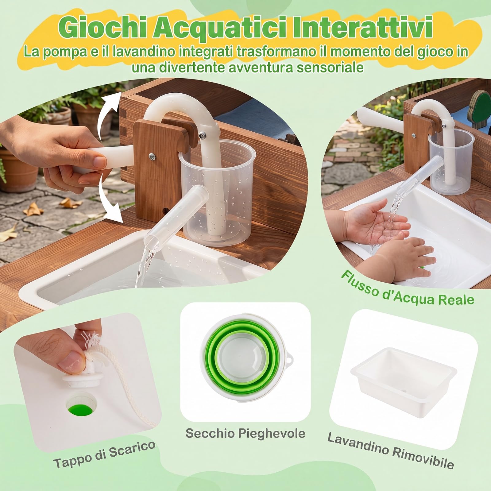 COSTWAY Sabbiera per Bambini da Esterno, in Legno con 33 Giocattoli | Tavolo Sabbiera e Acqua, Paletta e Rastrello, Tavolo Sensoriale con Pompa e Lavello Smontabile per Bambini 3+ Anni
