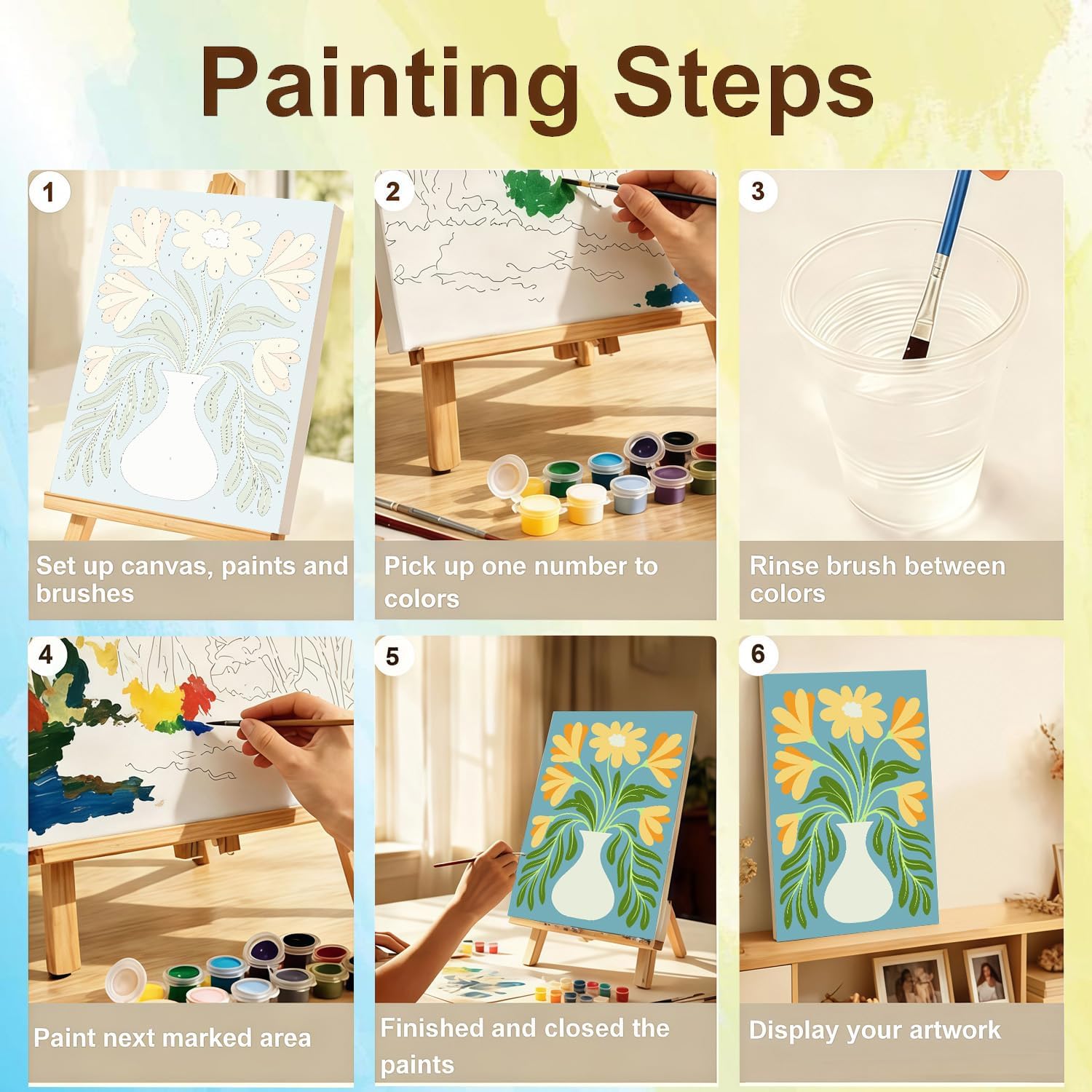 Miairivy 4 Pack Framed Paint by Numbers Kit for Adults Beginners - with Frame & Wooden Easel, DIY Easy Flowers Theme Adult Paint by Number Canvas Set for Home Decor and Gift (8x12 inches)