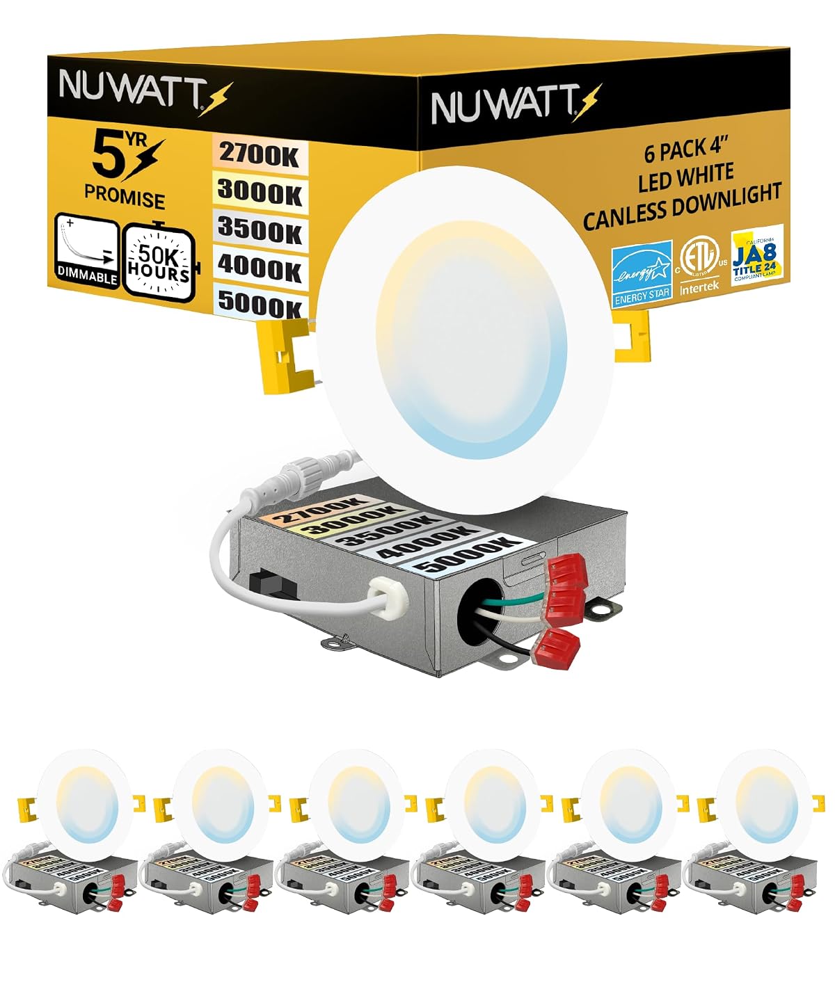Nuwatt 6 Pack, 4 Inch Ultra-Thin Led Recessed Lighting, 5Cct