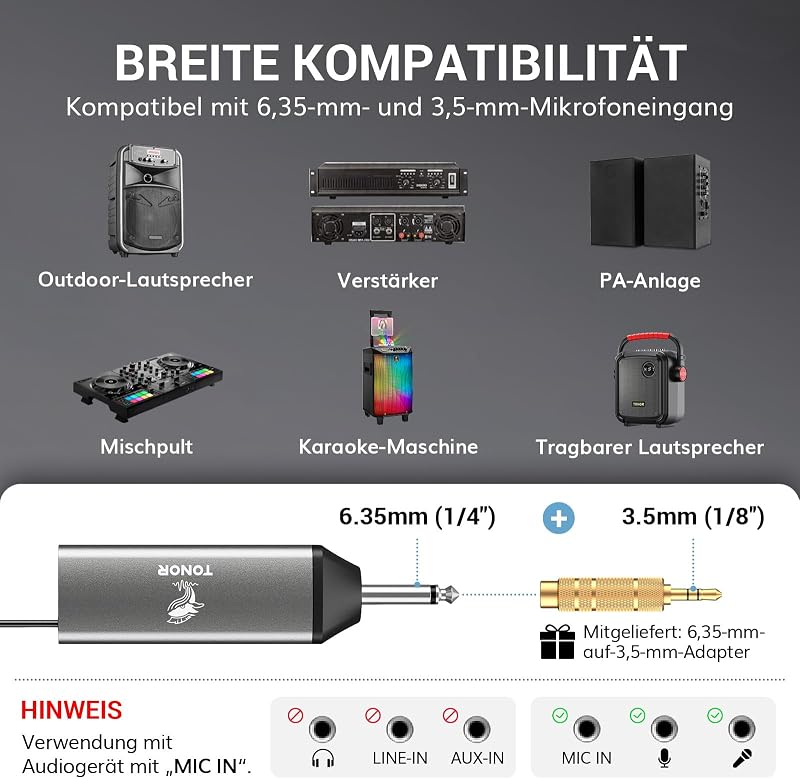 TONOR TW520 Vezeték Nélküli Mikrofon Szett - Újratölthető, Fém, UHF, 2x20 Csatornás, 80m Hatótávolság, Hangerőszabályzós, Esküvőre, Rendezvé