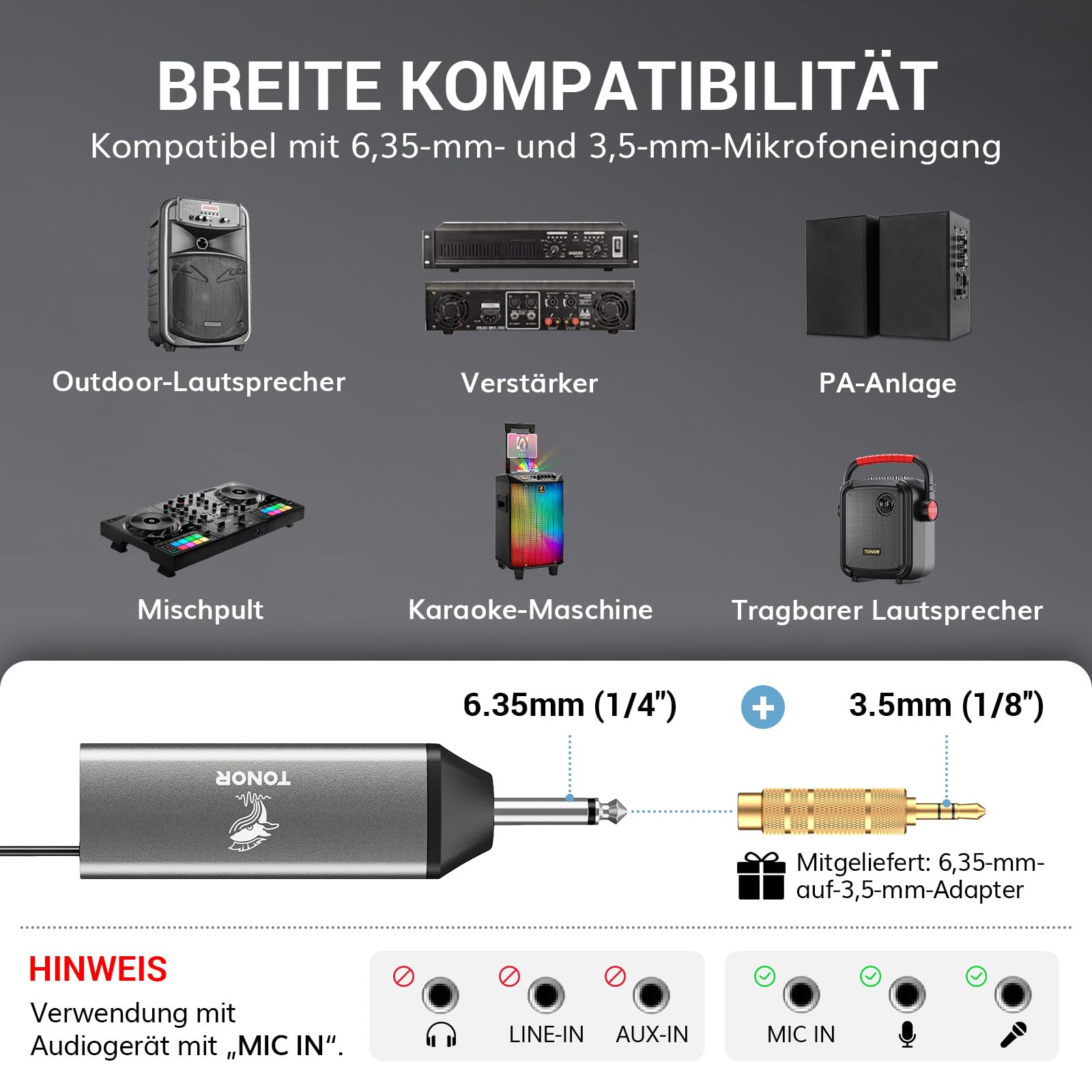 TONOR Mikrofon Kabellos, Wiederaufladbares Funkmikrofon Set, Metall, UHF, 2x20 Einstellbare Wireless Microphone für Kirche, Party, Hochzei, Hochzeit mit Einstellbarer Lautstärke, 80 m, TW520
