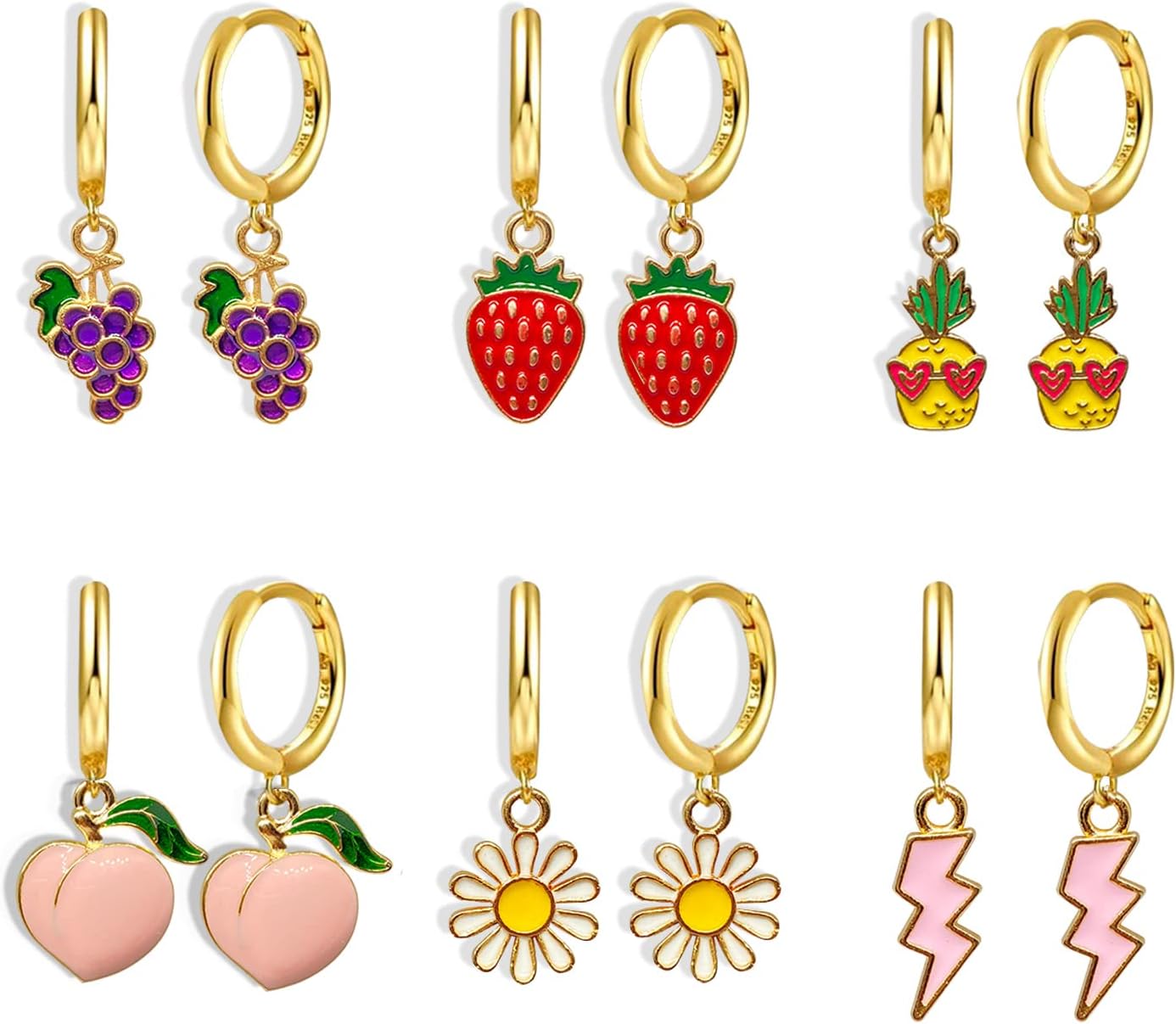 6 Pairs Handmade Funny Cute Fruits 925 Hoop Dangle Drop Earrings Peach Grape Pineapple Daisy Strawberry Hoop Earrings Sets Statement Jewelry Gifts For Women Girls