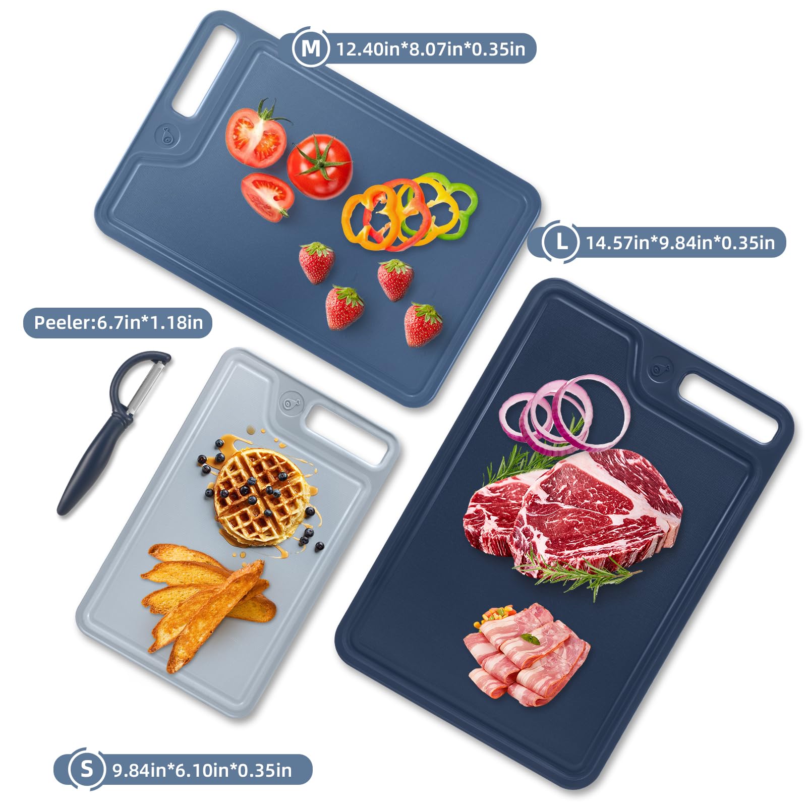 Juego de 4 tablas de cortar de plástico para cocina, aptas para lavavajillas, seguridad alimentaria, diseño antideslizante, ideal para preparación de carne y verduras