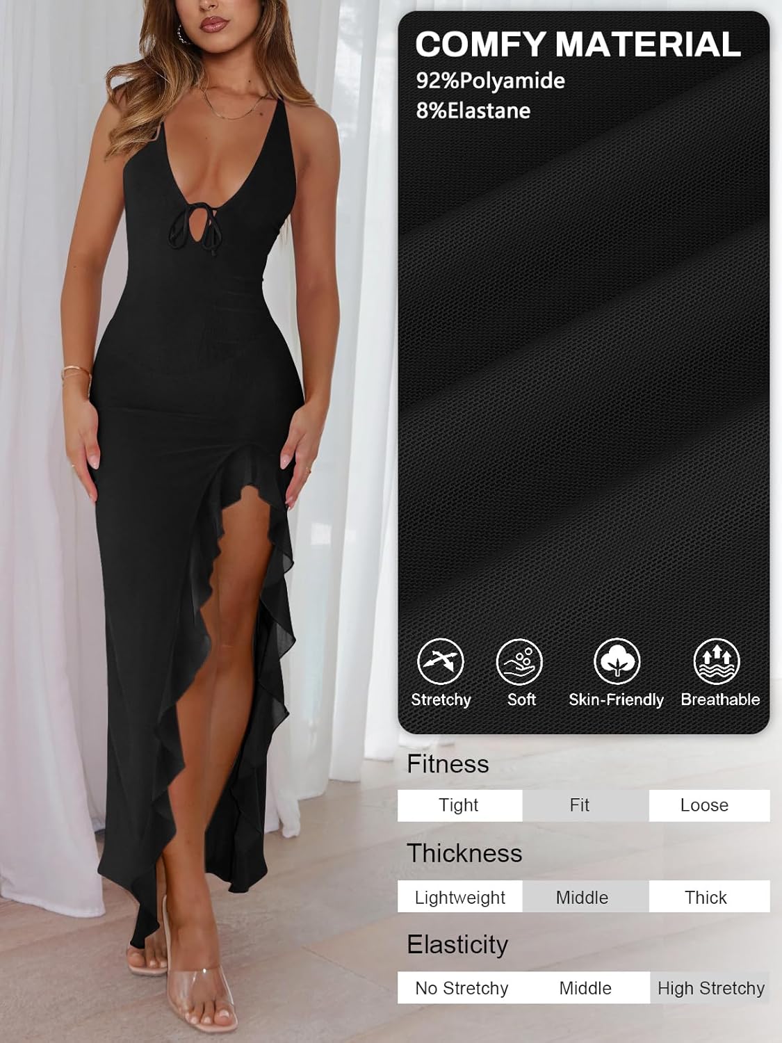 Women's Sexy Wedding Guest Dress Mesh Halter High Slit Ruffle Maxi Dress Formal Cocktail Dresses for Women - Image 5