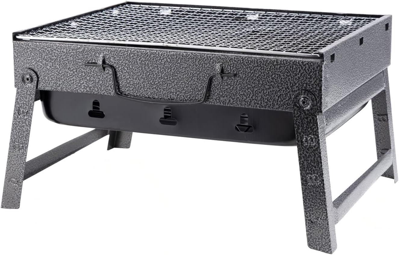 ROYALFORD Barbecue Stand with Grill, Foldable Charcoal Folding Tabletop Kabab Smoker Grill for Outdoor Camping, Durable Iron Black L RF10357