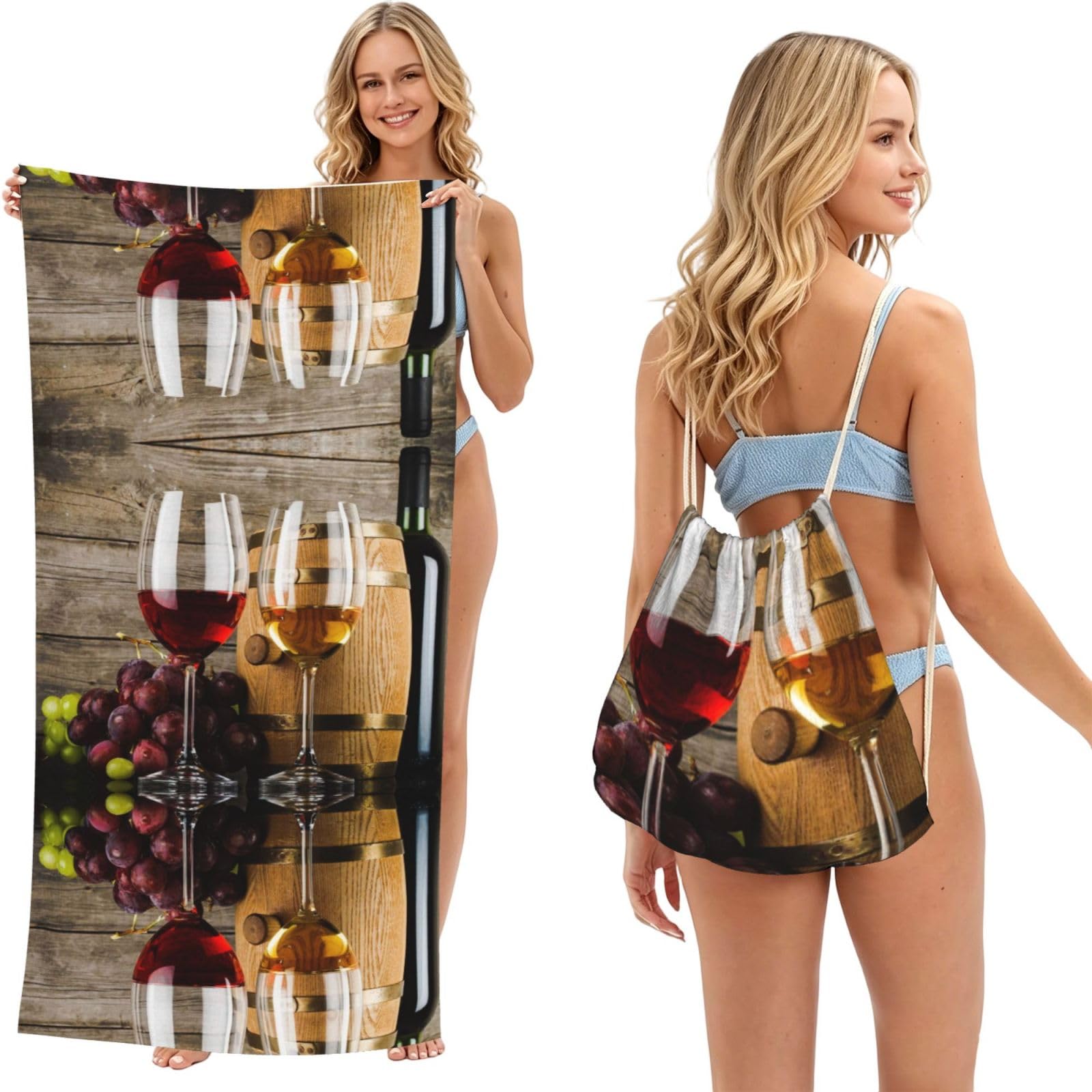 Ezdlowvba Black Art Red Wine Galsses & Grapes Print Beach Towel Backpack 2 In 1 Summer Large Lightweight Beach Towel - Multifunctional Ship Pattern Towel Bag For Storage,Sport