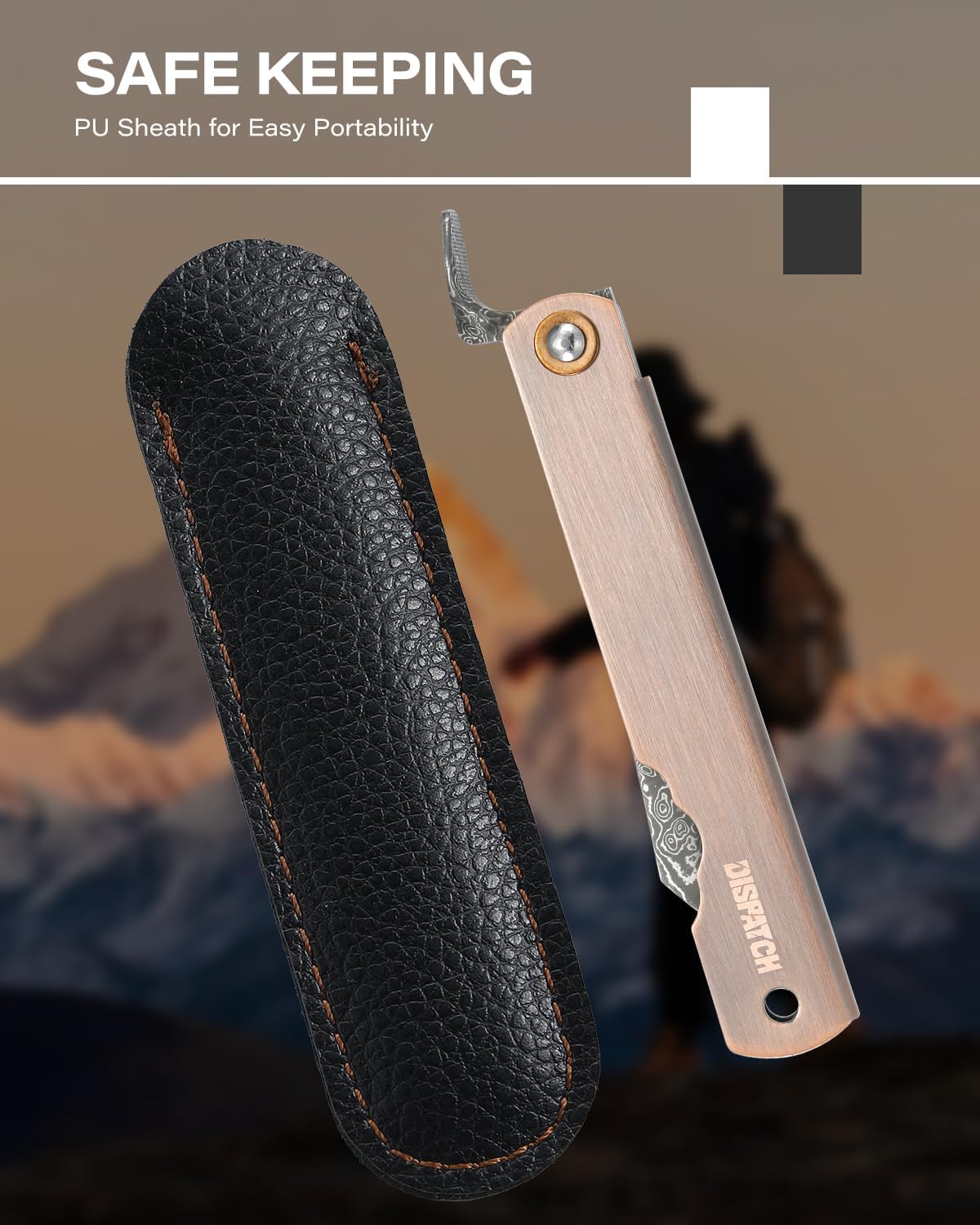 EDC Folding Knife, 2.8" Full Panel Plain Edge Blade, Non-Locking Pocket Knife Features Cloud Pattern Damascus Steel Blade & Red Bronze Electroplated Handle, Includes Black PU Sheath