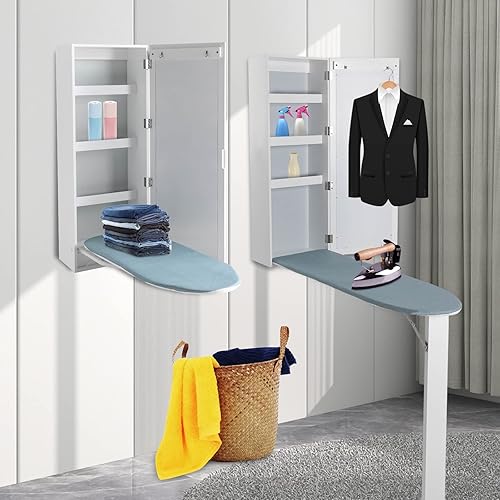 Miniatura 3 de Tabla de planchar giratoria montada en la pared con armario de almacenamiento, tabla de planchar integrada y pata de soporte plegable, espejos