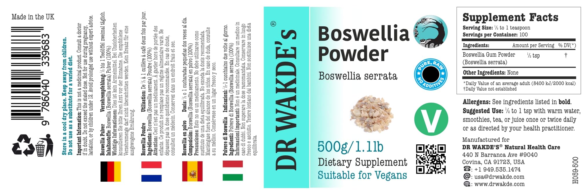 DR WAKDE'S® Boswellia Polvo (Boswellia serrata o Salai guggul) - 500g (1.1lb) I Pura, molida y secadaI polvo I Producto ayurvédicos I Sin aditivos I Entrega en el mismo día