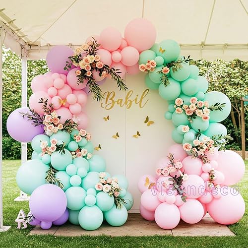 Miniatura 7 de Kit de arco de globos rosa, morado y verde menta, globos pastel de doble relleno con mariposas doradas para baby shower, cumpleaños de niña, tema de