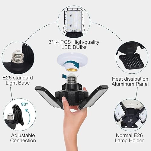Miniatura 2 de GT-Lite Luz LED de garaje de 3000 lúmenes, equivalente a 300 vatios, bombilla ajustable de 3 paneles, equivalente a 150 W, luz diurna de 5000 K, E26