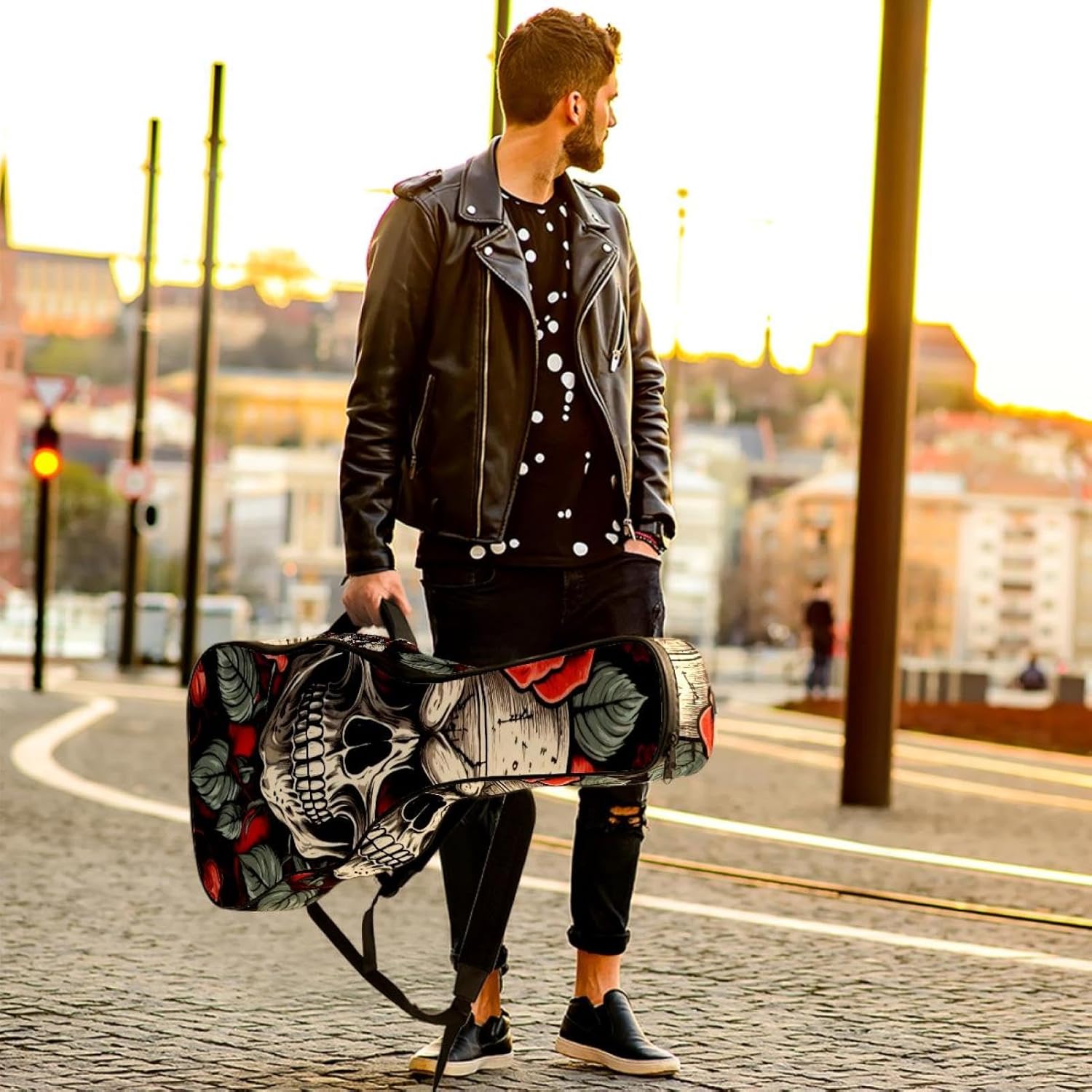 Acoustic Guitar Gig Bag 1 cm Thick Padding, Waterproof Electric Guitar Bag 40-42 Inch Guitar Case Backpack with Dual Shoulder Strap, Skull and Roses on Black Background
