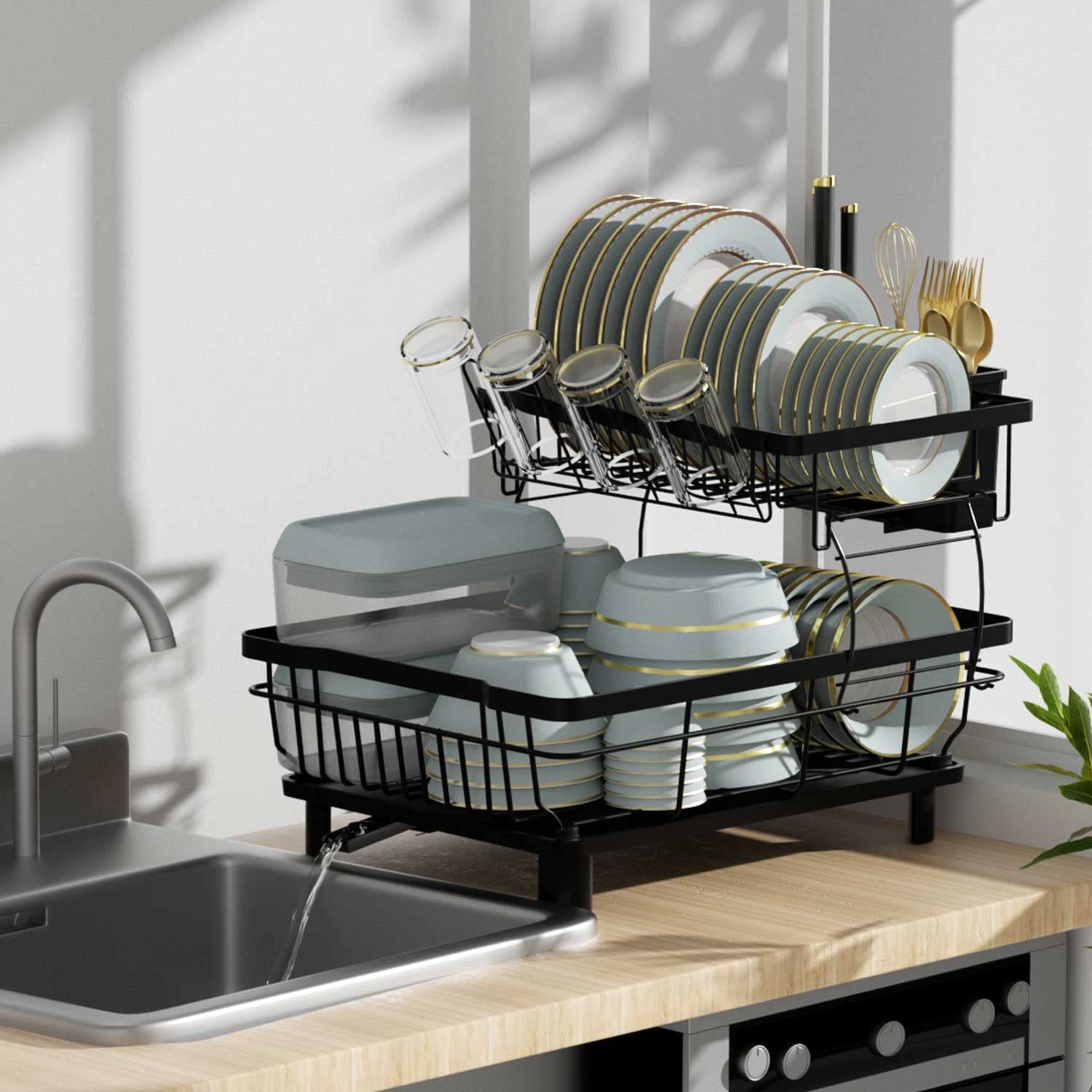 BUDO Dish Drying Rack, 2-Tier Stainless Steel Plate Rack with Drainboard, Removable Utensils and Cup Storage Holder, 360° Swivel Spout for Kitchen Counter (Black)