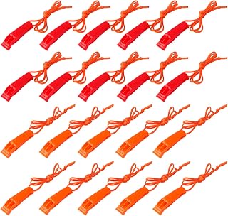 AUGSUN 20 Pack Emergency Safety Whistles with Lanyards - Bright Red & Orange Plastic Survival Whistles for Hiking, Camping, Boating