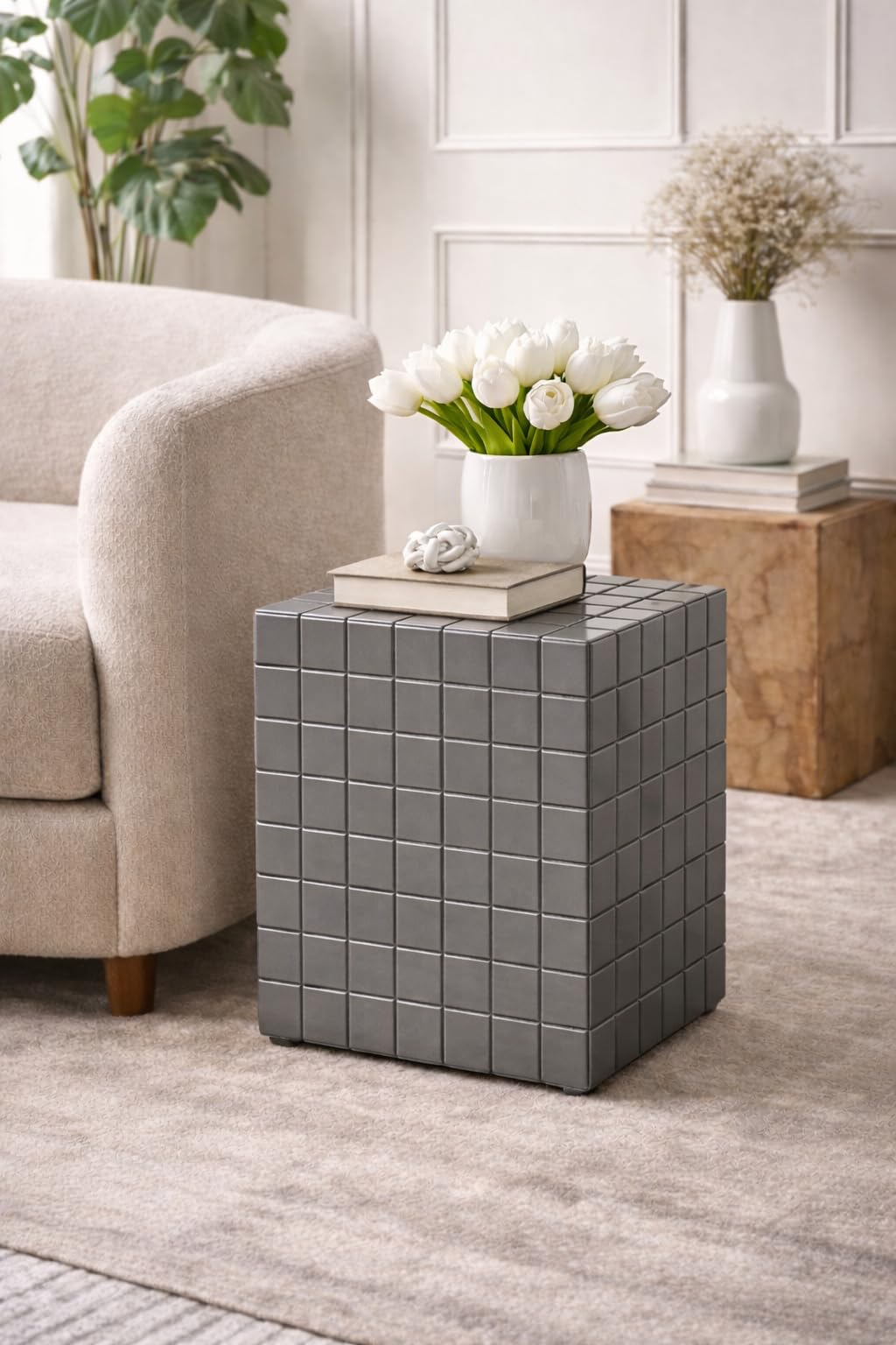 Brown Art SHOPPEE Engineer Wood Cube Accent Bedside Table Coffee Stand Home Storage Organizer for Living Room Bedroom (Grey)-picture-11