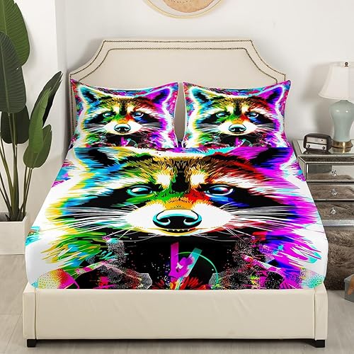 Miniatura 2 de Erosebridal Juego de sábanas de teñido anudado, tamaño individual, juego de sábanas bajeras de mapache acuarela lindo juego de ropa de cama de