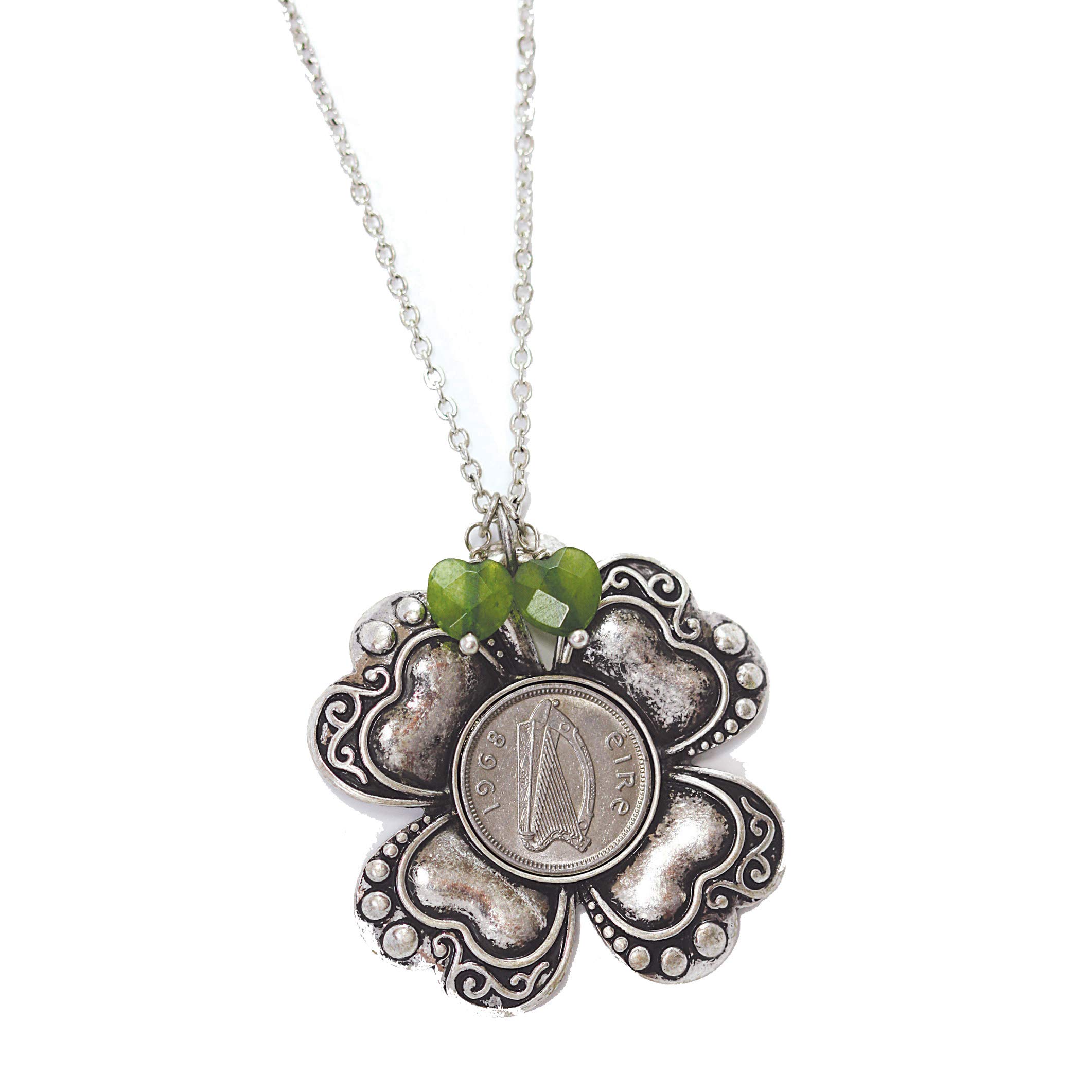 Irish Threepence Four Leaf Clover and Green Heart Charm Pendant