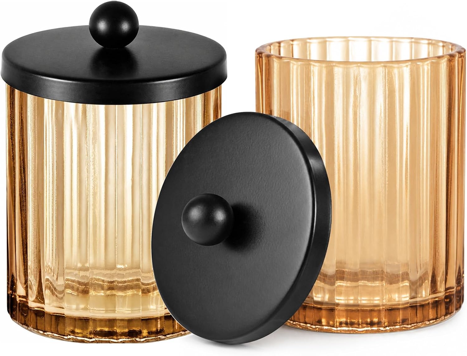 Amolliar Amber Glass Qtip Holder, Apothecary Jar for Bathroom(Black 2 Pack) | Canister for Cotton Balls, Swabs, Pads, Floss Picks, Bathroom Accessory Essentials, Countertop Q Tip Holder Storage Organizer