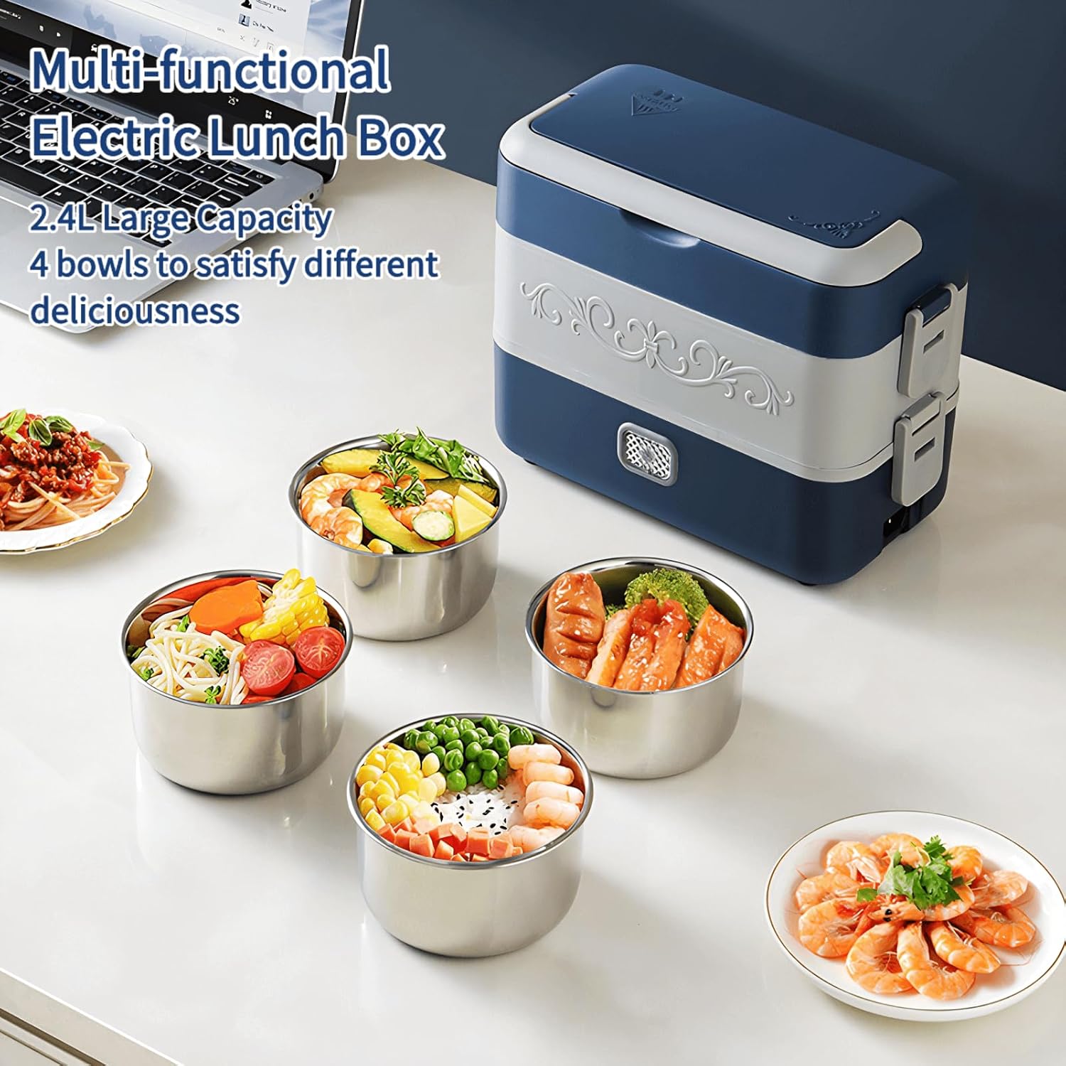 Electric Lunch Box for Adults, 200W Heated Lunch Containers 2.4L(10Cups) Stainless Steel Electric Food Warmer,4 bowls Double Layer Quick Heatable Lunchbox for Office/Home - Image 2