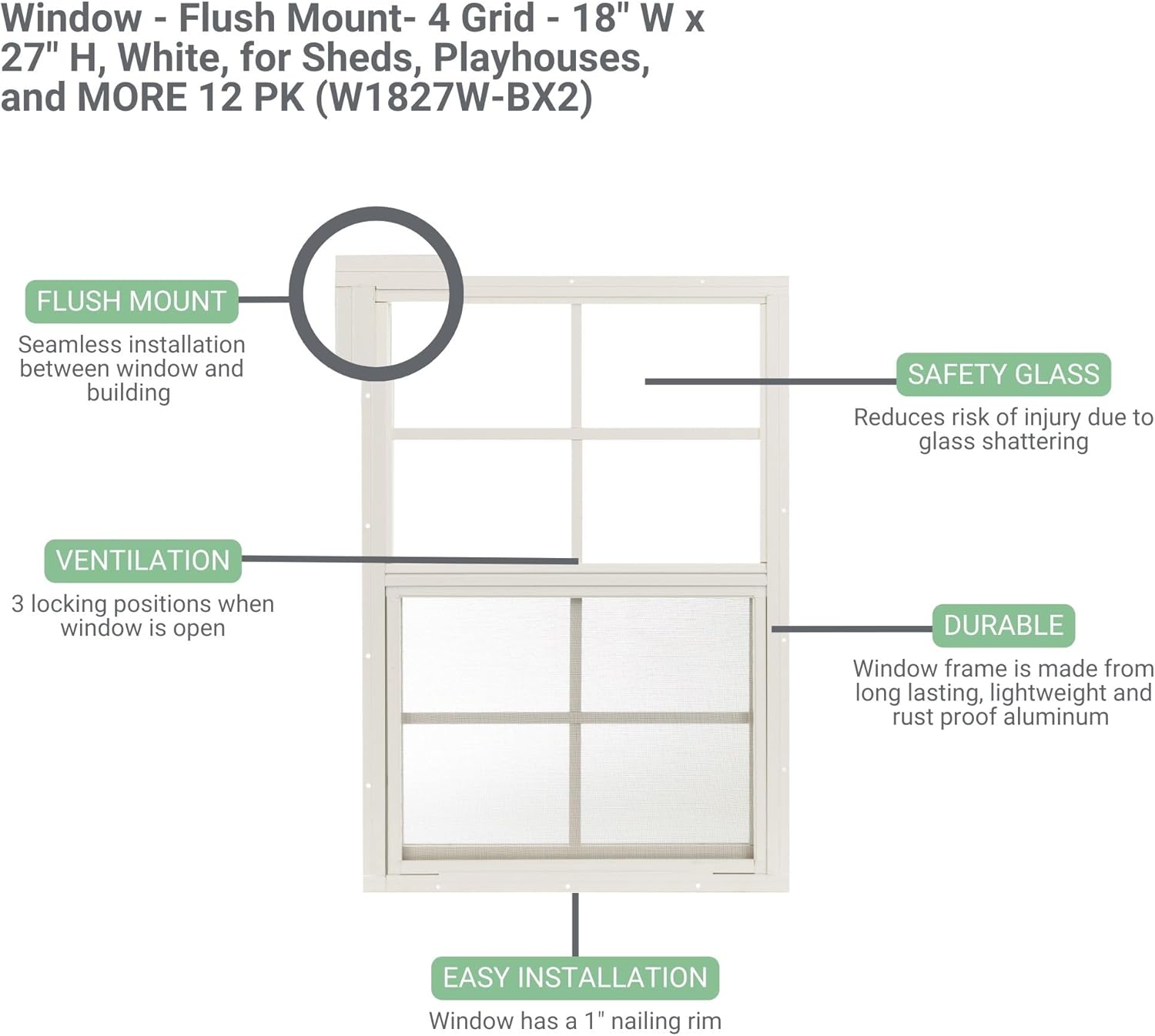 W1827BR-BX2 18" W x 27" H Flush Mount Sliding Shed Window, Brown, Tempered Glass, 2 PK